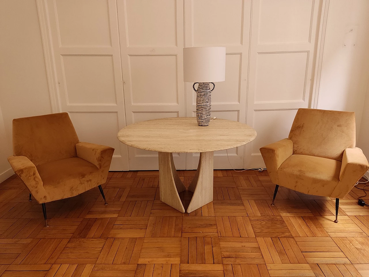 Round travertine table with helicoidal base by Claude Berraldacci, 1990s 4