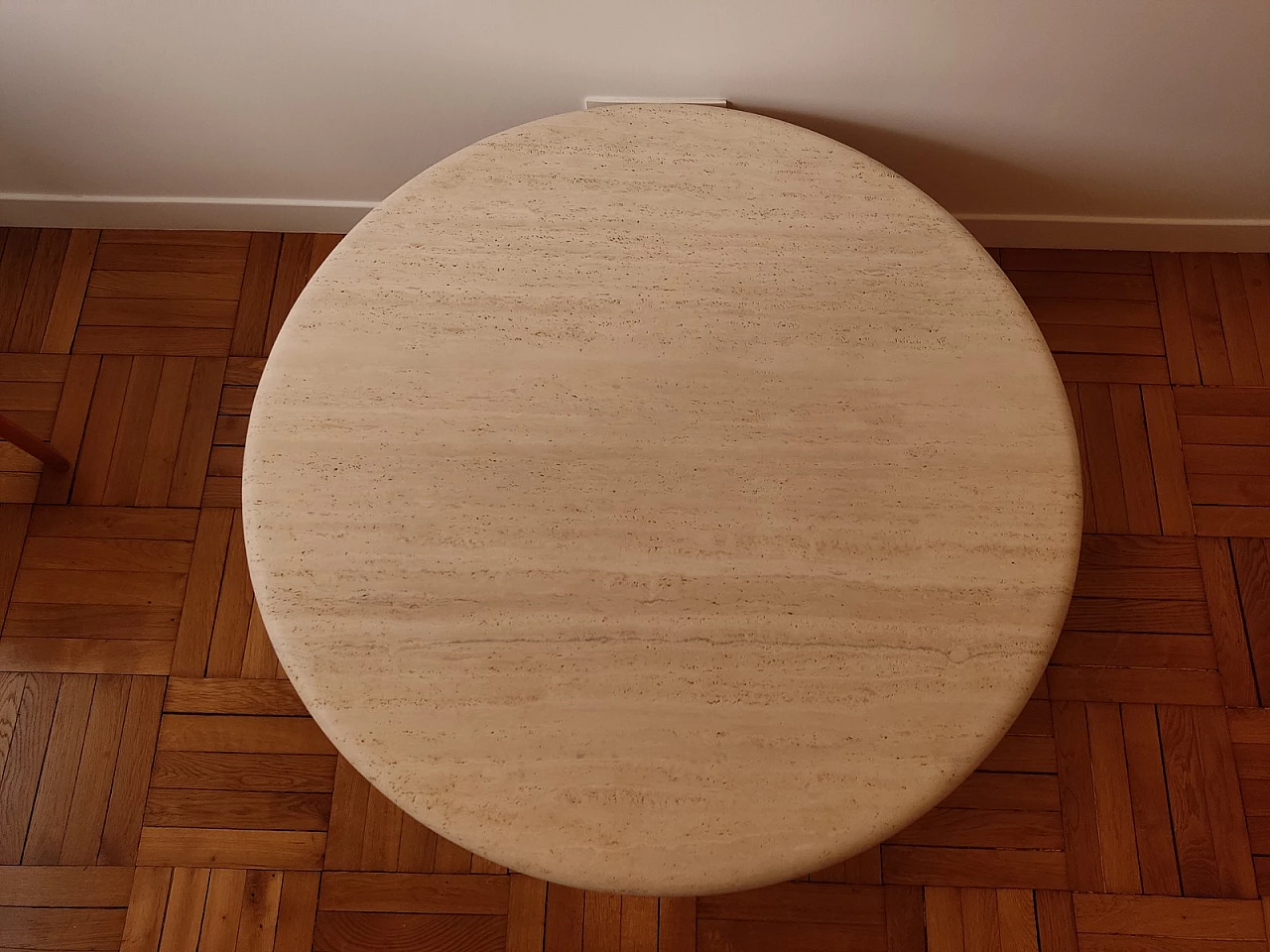 Circular travertine coffee table with square base by Claude Berraldacci, 1990s 1