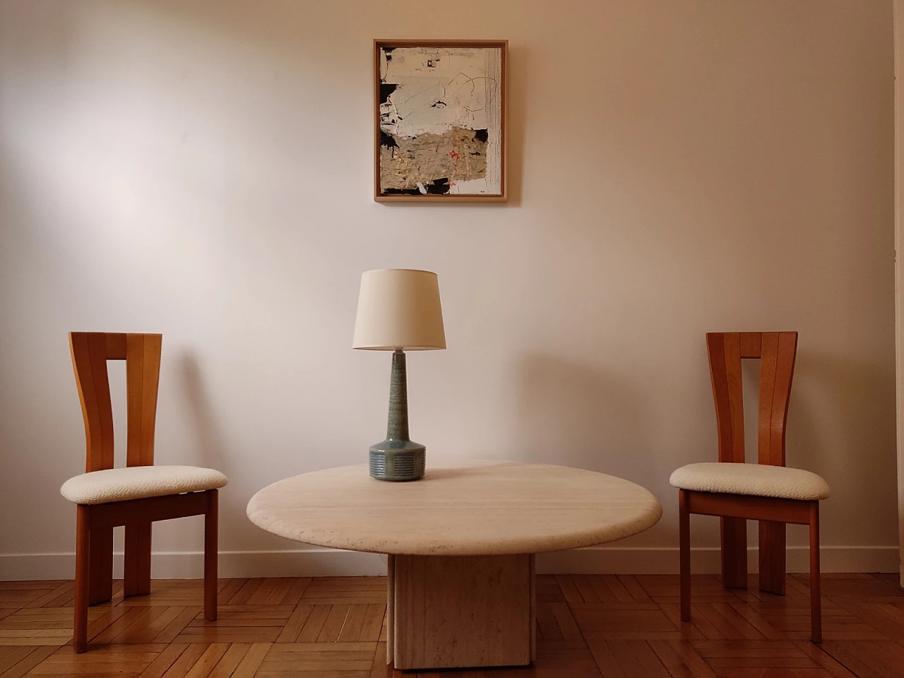 Circular travertine coffee table with square base by Claude Berraldacci, 1990s 2