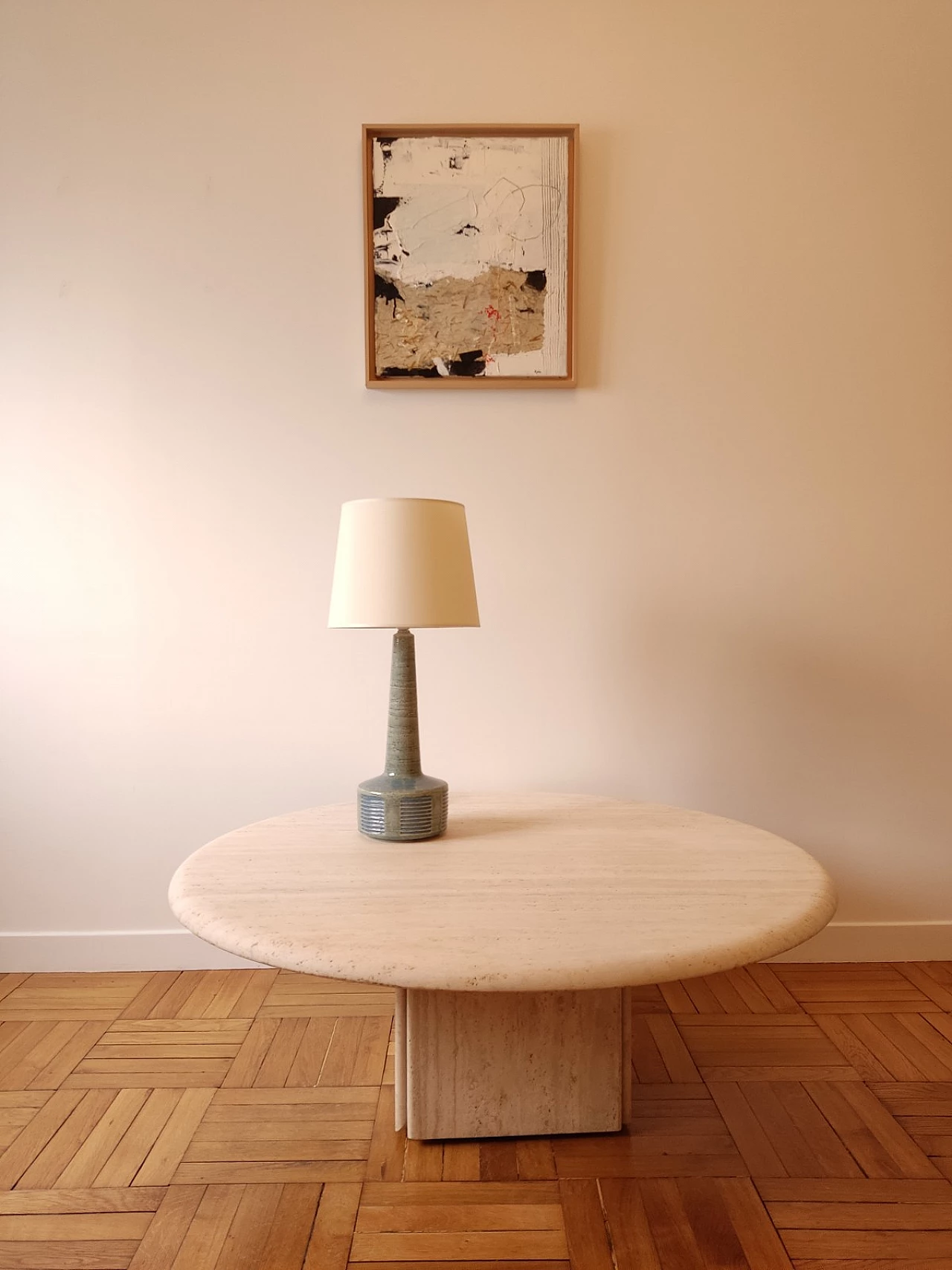 Circular travertine coffee table with square base by Claude Berraldacci, 1990s 3