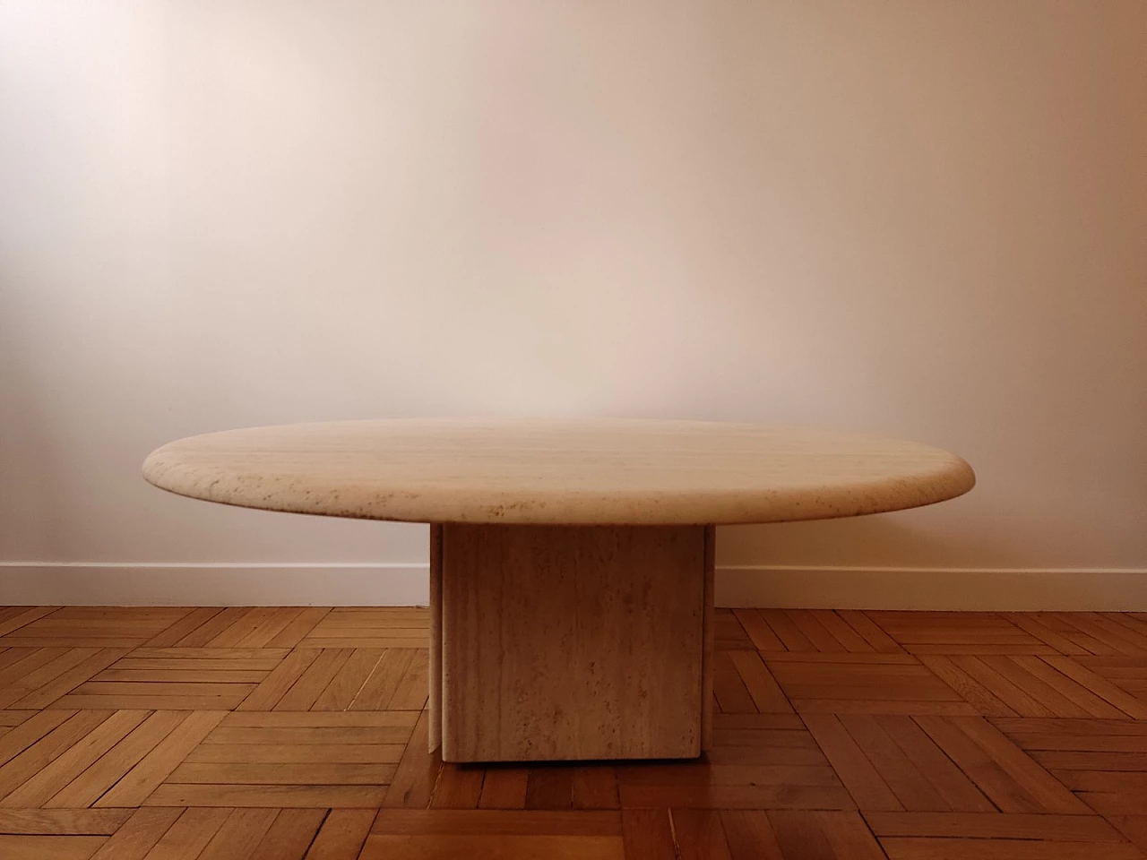 Circular travertine coffee table with square base by Claude Berraldacci, 1990s 4