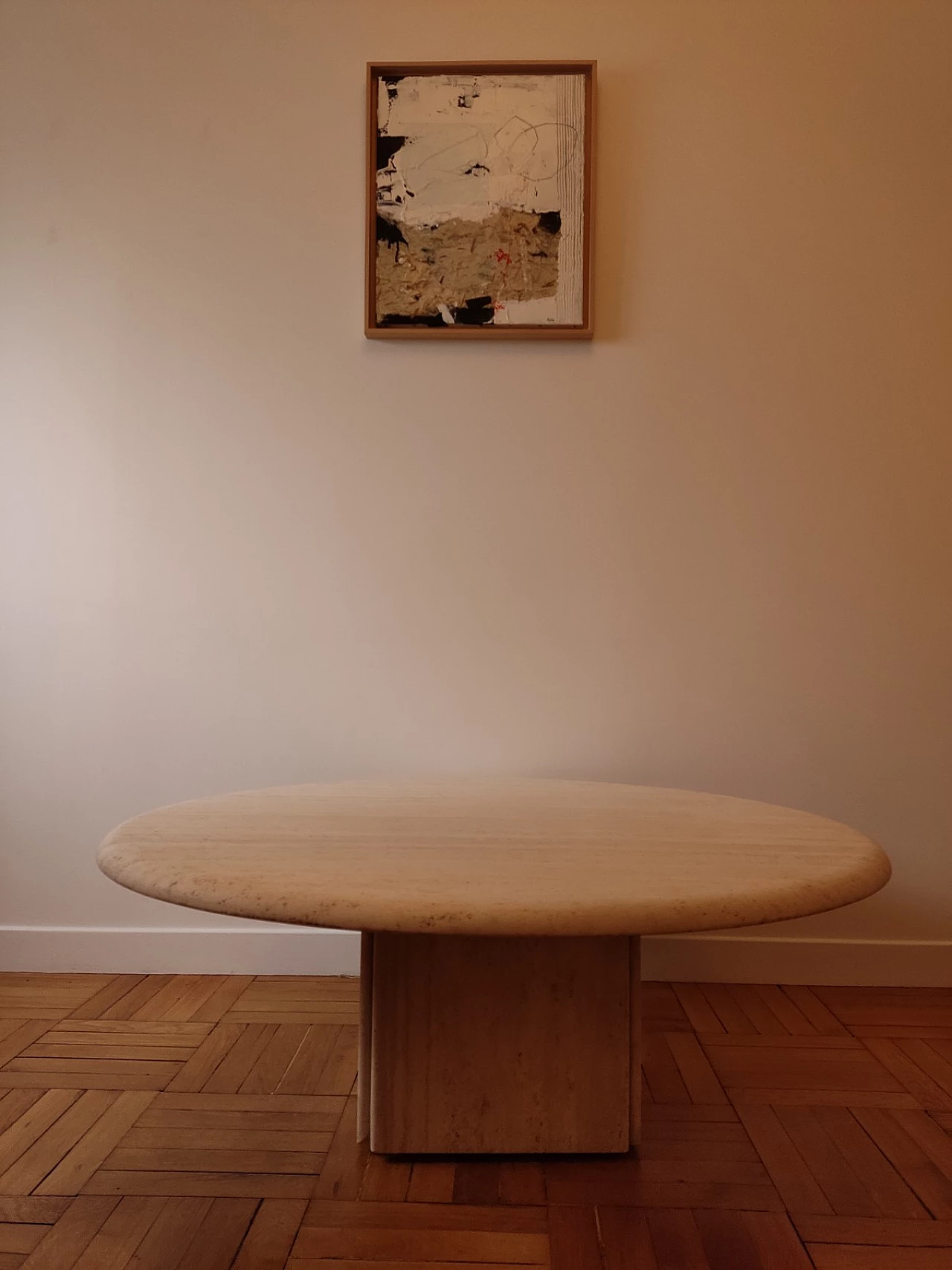 Circular travertine coffee table with square base by Claude Berraldacci, 1990s 5