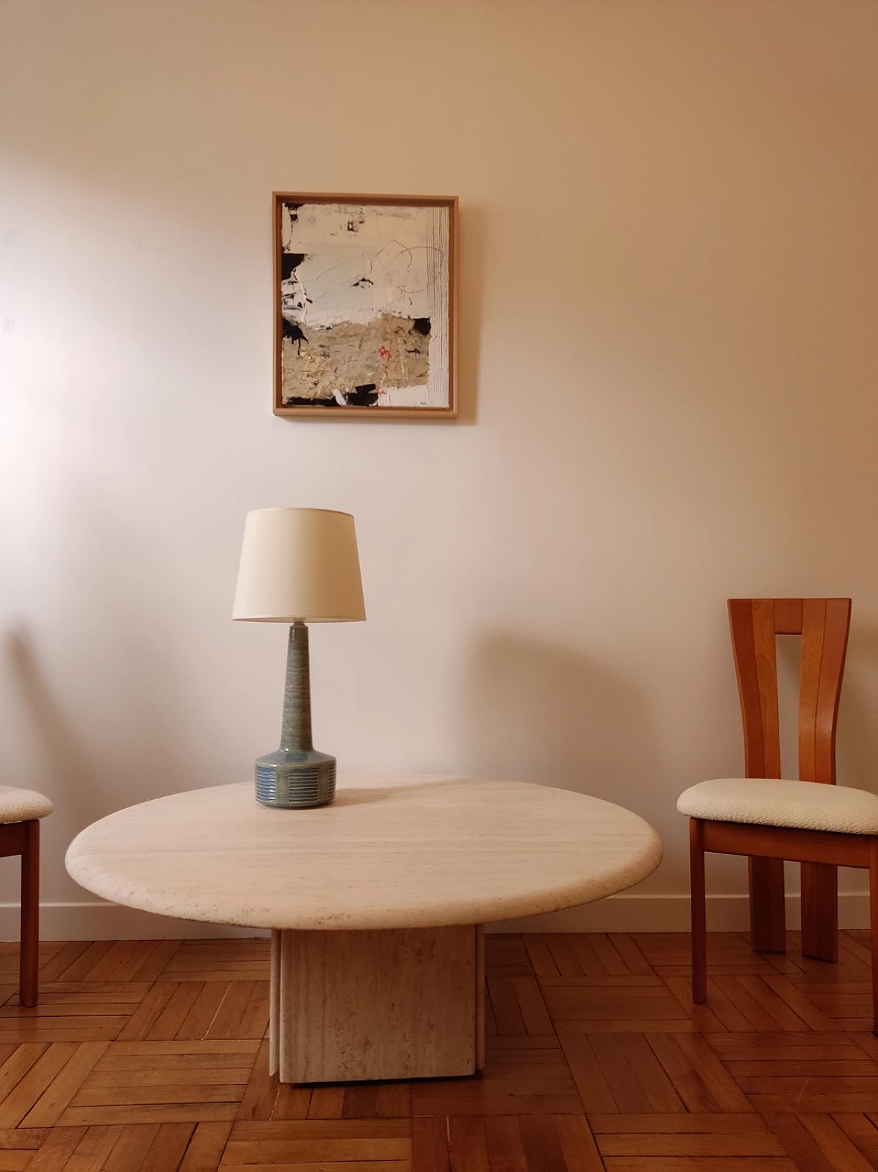 Circular travertine coffee table with square base by Claude Berraldacci, 1990s 6