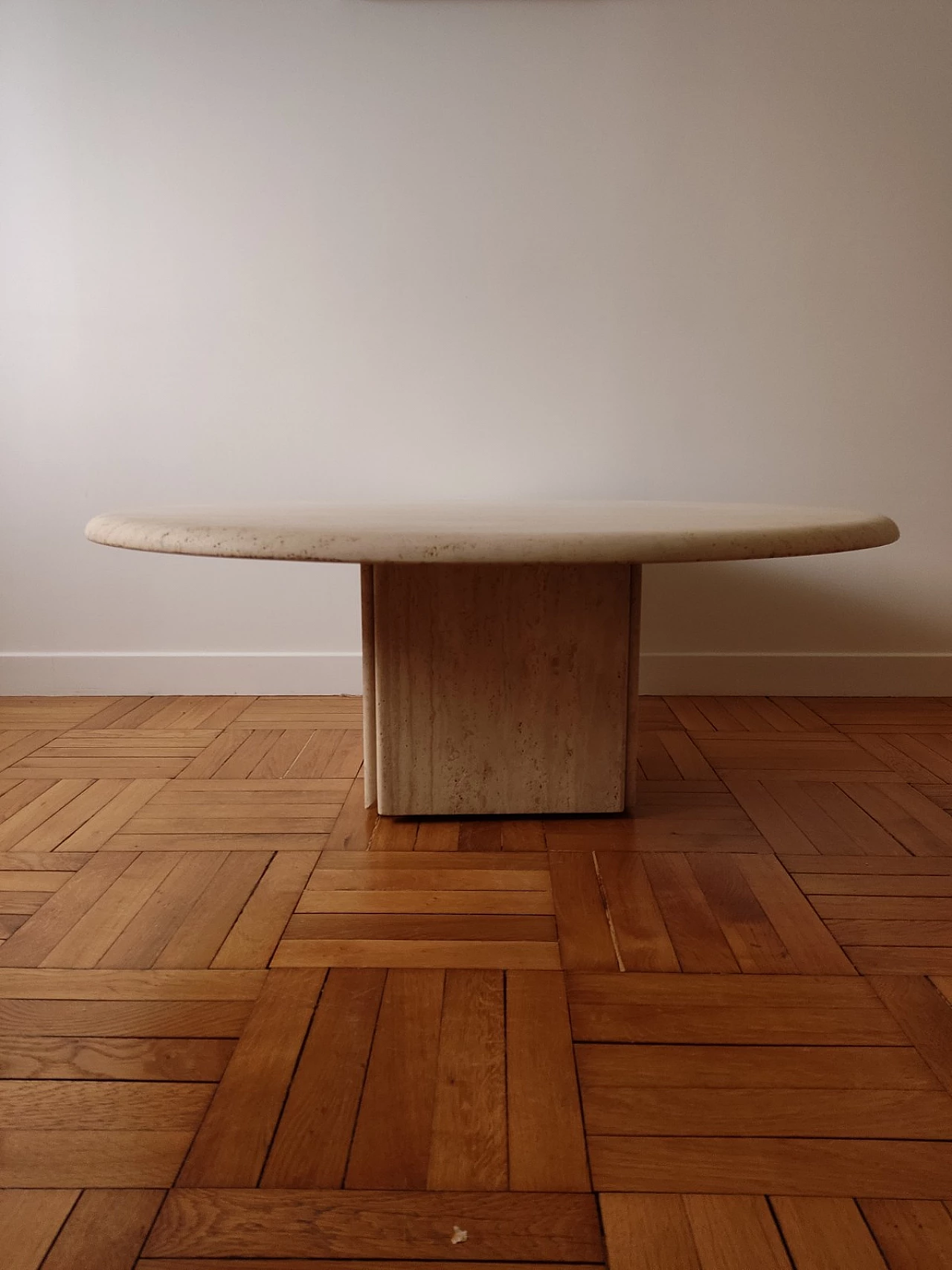 Circular travertine coffee table with square base by Claude Berraldacci, 1990s 7