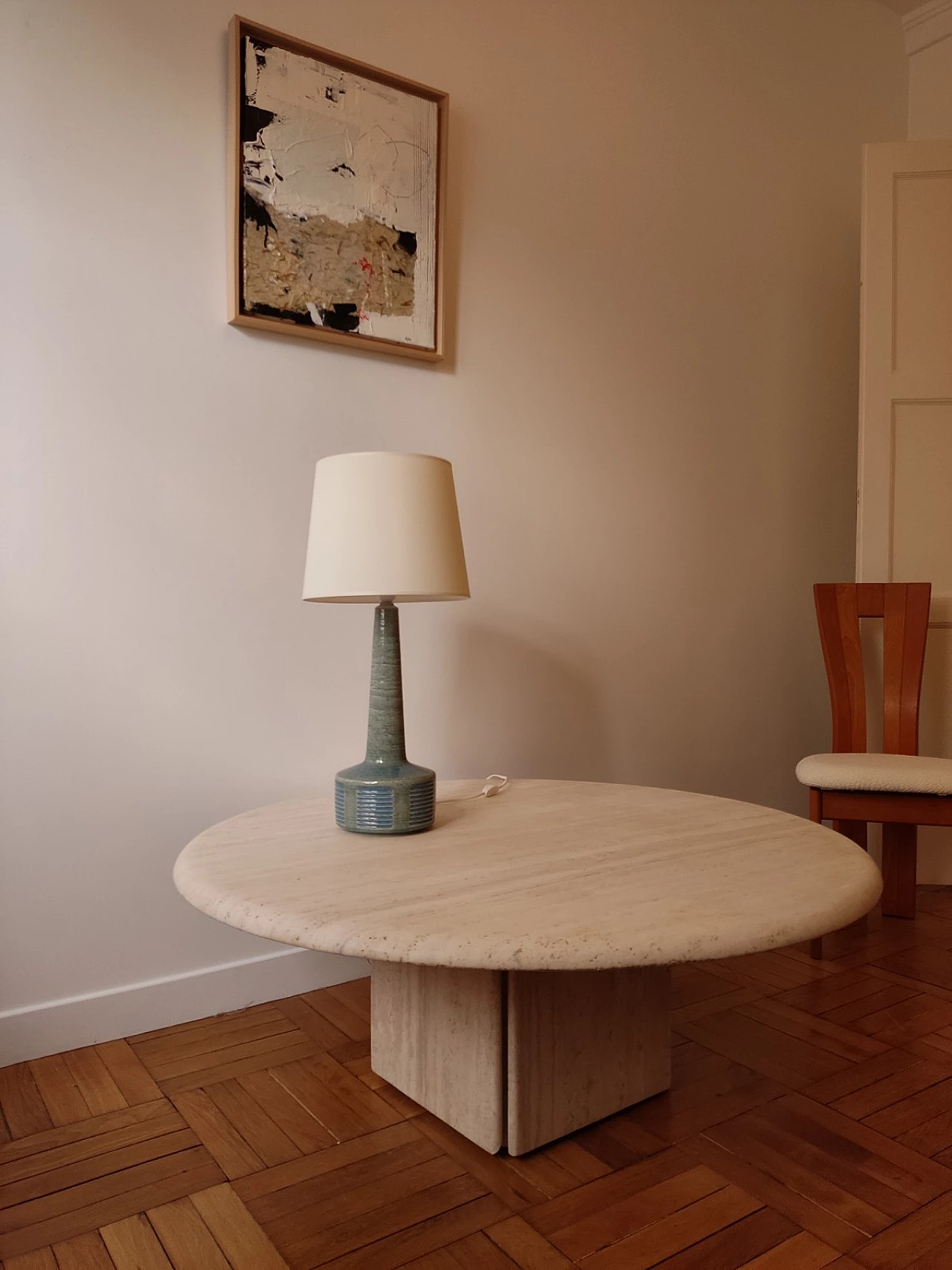 Circular travertine coffee table with square base by Claude Berraldacci, 1990s 8