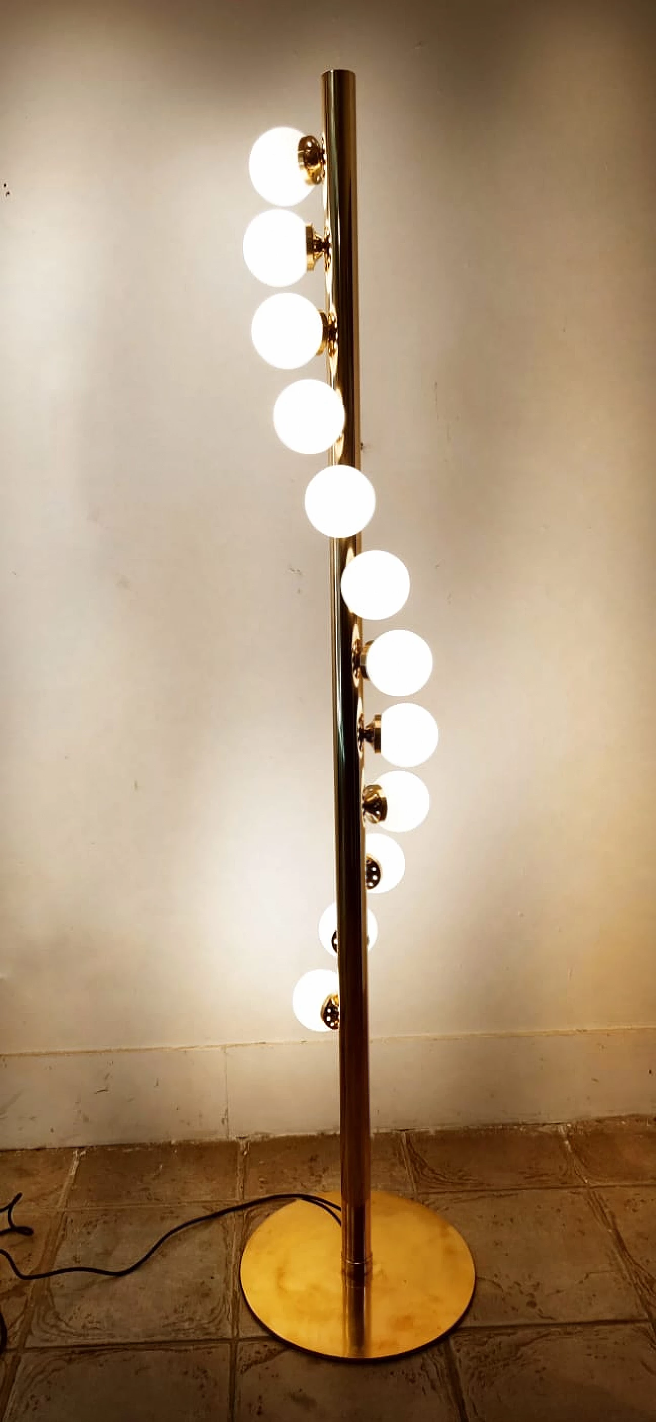 Sputnik 12-light floor lamp, brass with white polished glass, 1970s 1