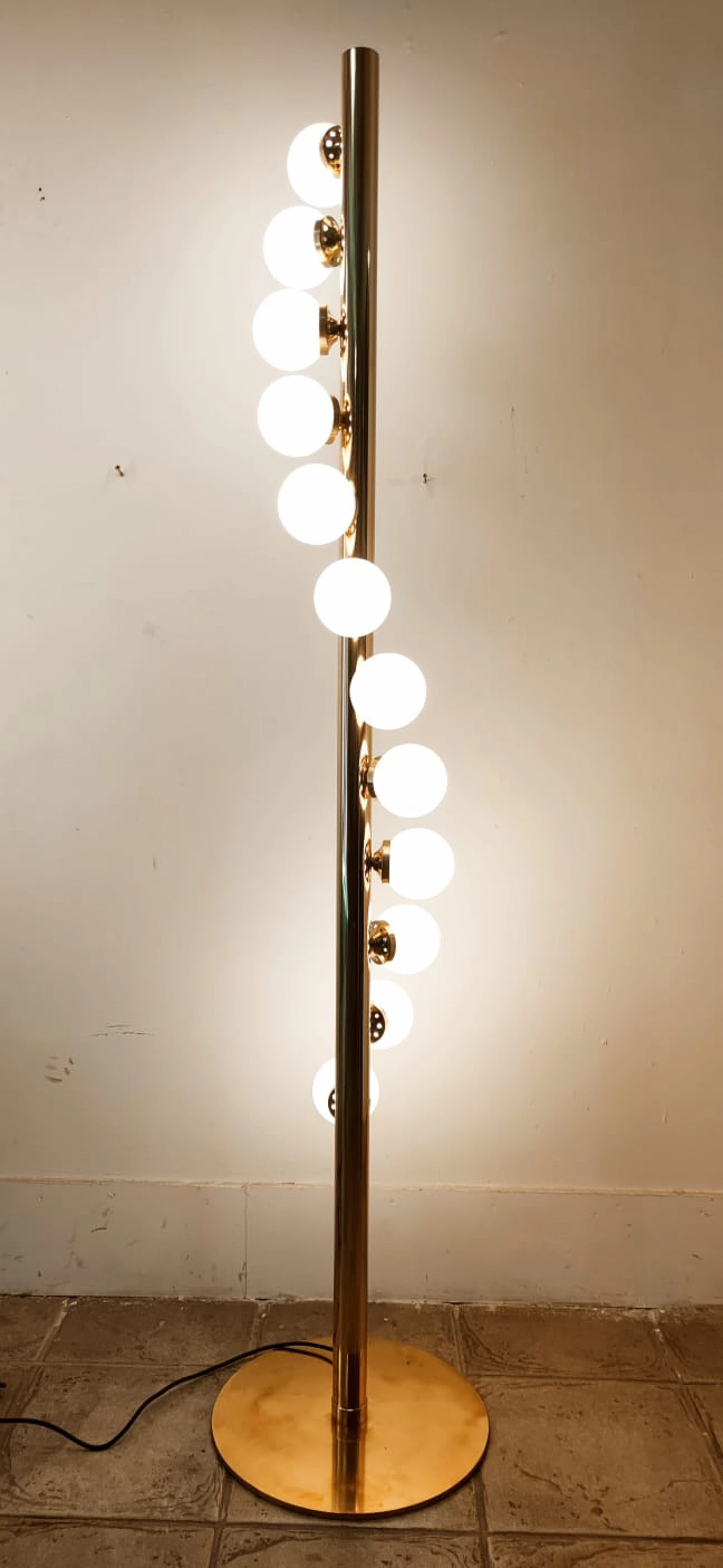 Sputnik 12-light floor lamp, brass with white polished glass, 1970s 4