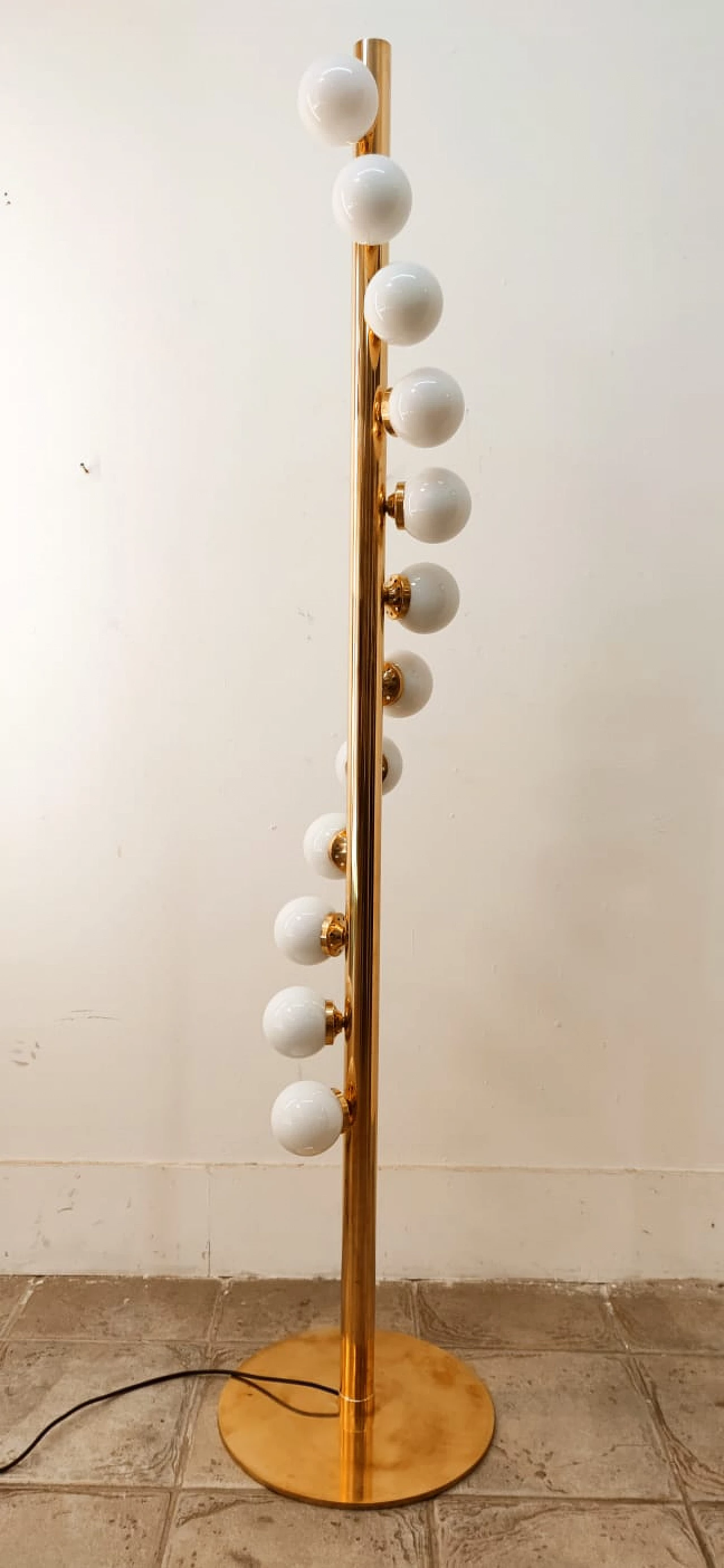 Sputnik 12-light floor lamp, brass with white polished glass, 1970s 7