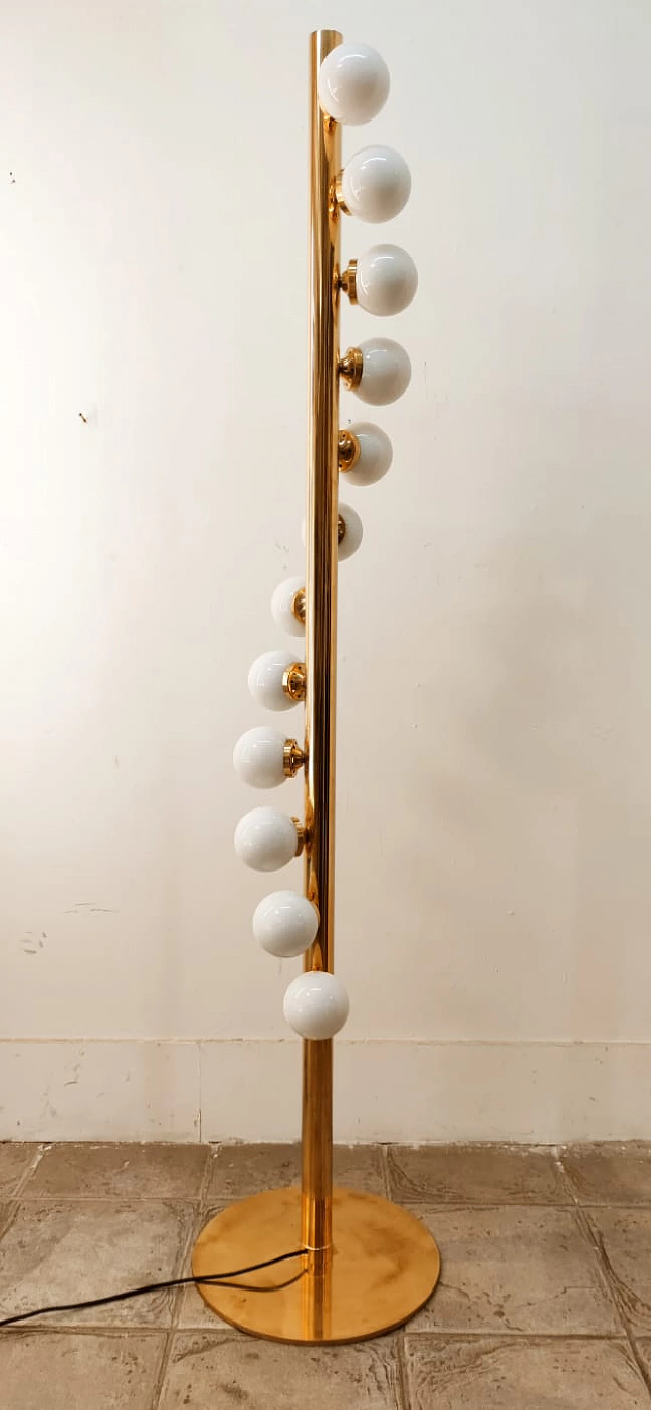 Sputnik 12-light floor lamp, brass with white polished glass, 1970s 8