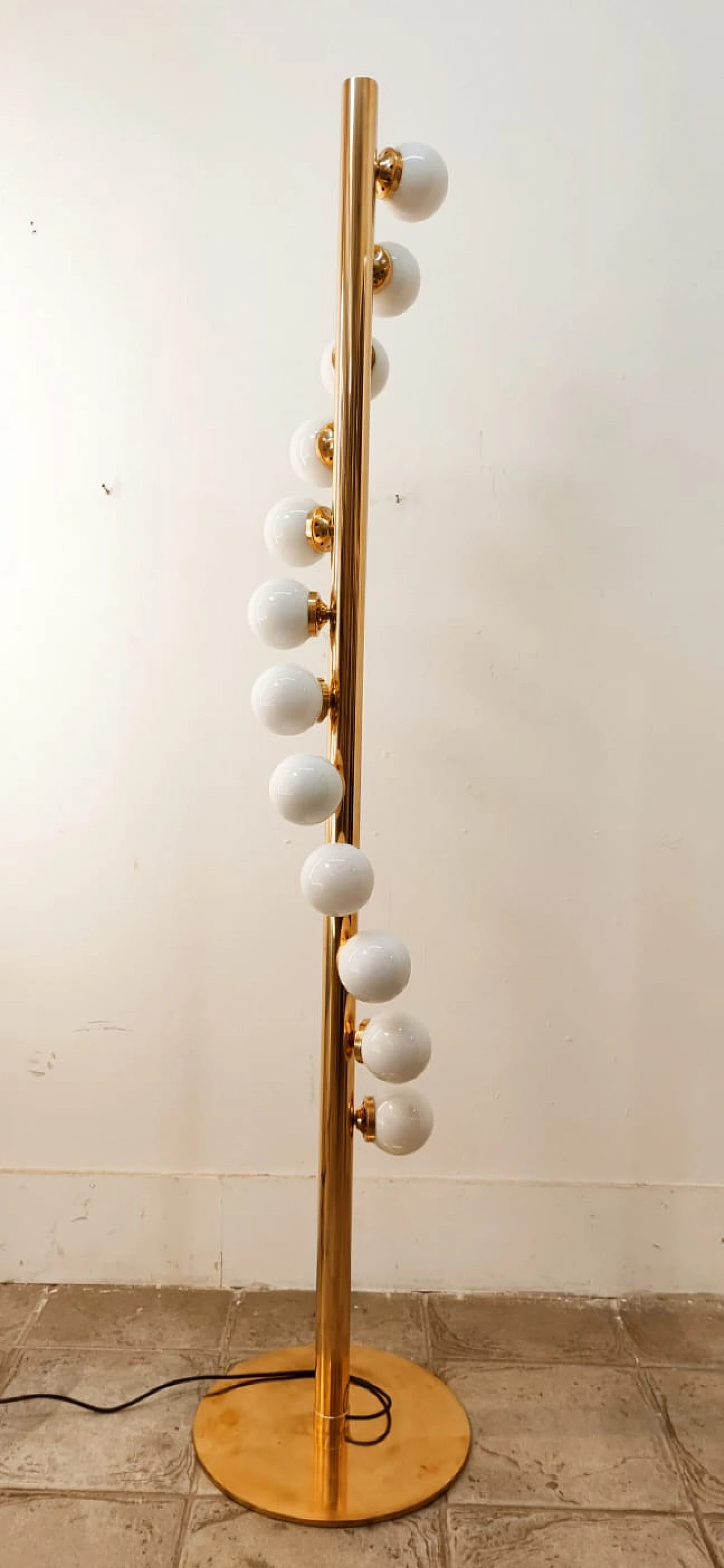 Sputnik 12-light floor lamp, brass with white polished glass, 1970s 9