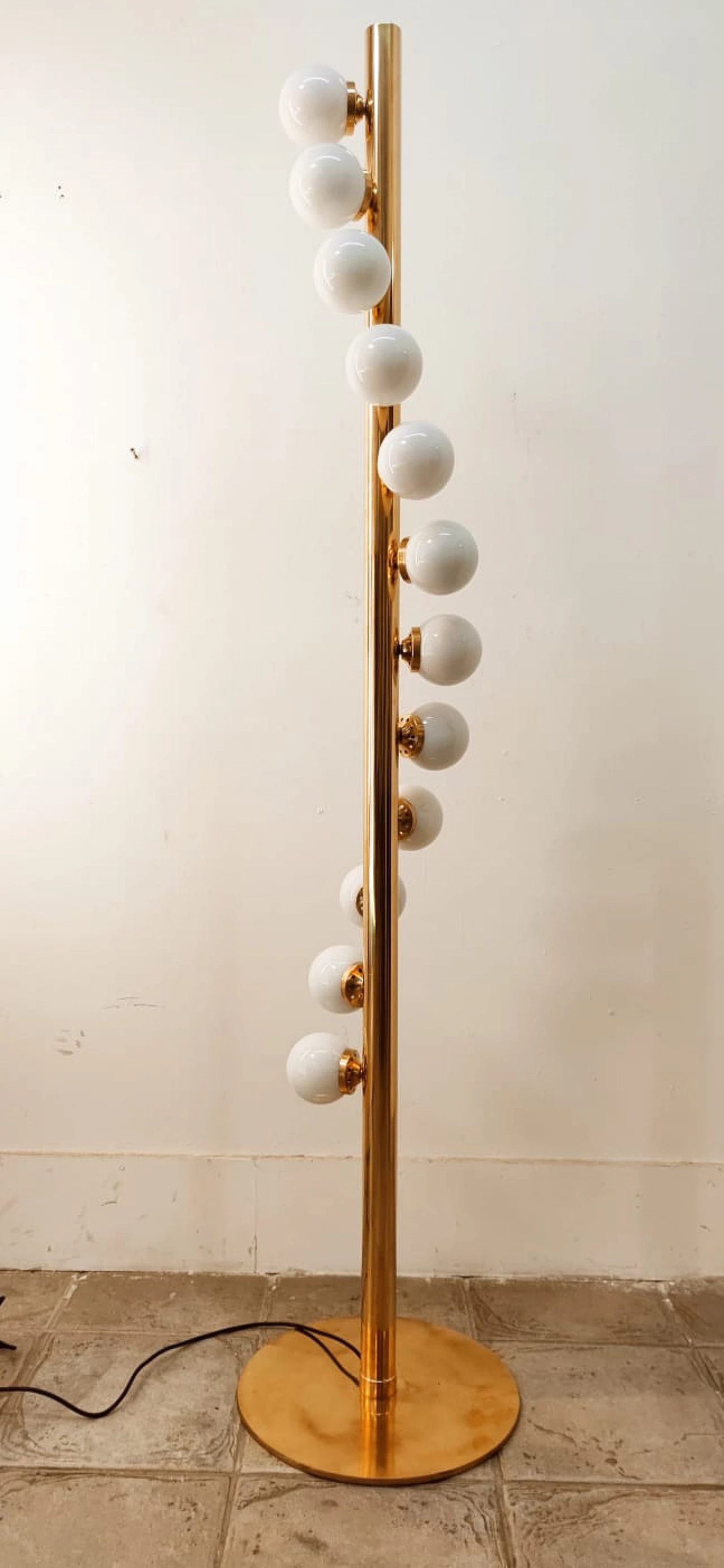 Sputnik 12-light floor lamp, brass with white polished glass, 1970s 12