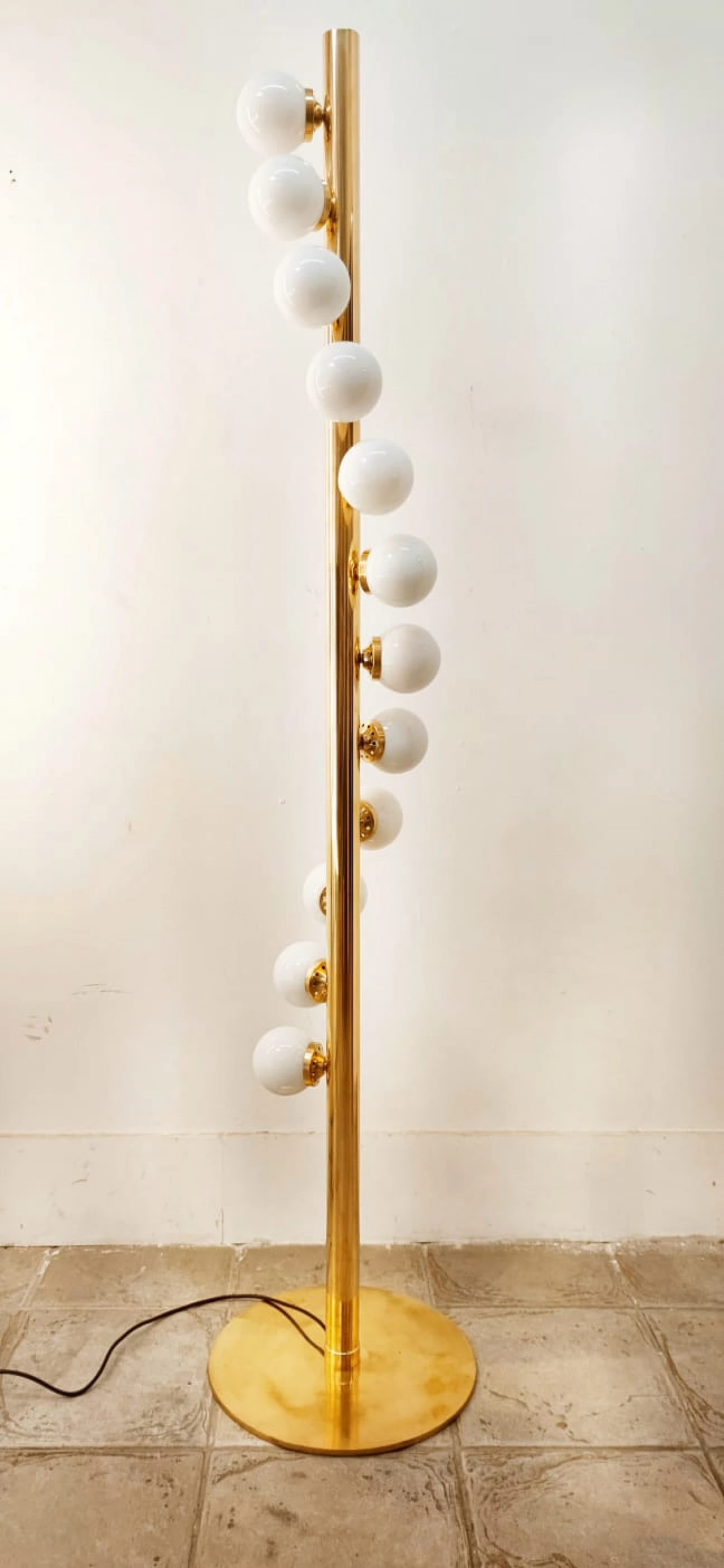 Sputnik 12-light floor lamp, brass with white polished glass, 1970s 15