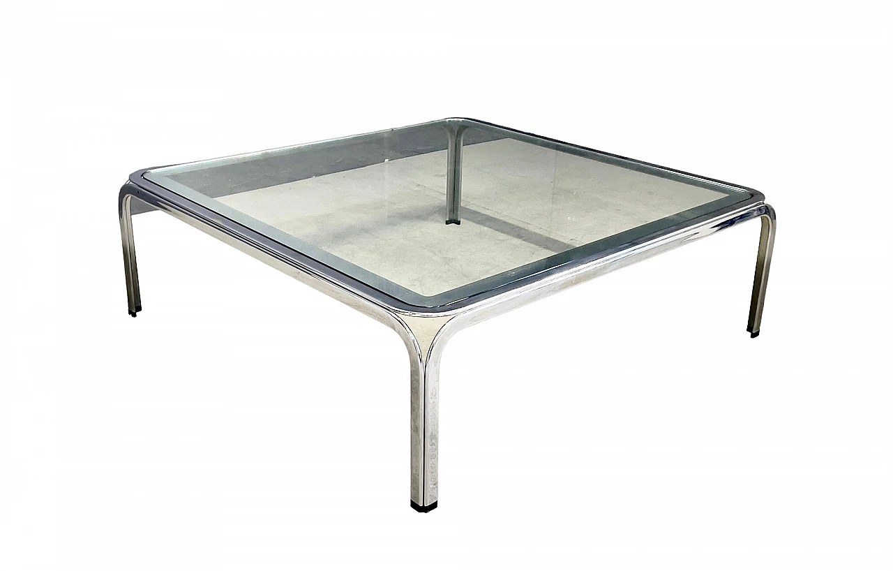 Square chromed metal coffee table with glass top, 1970s 1