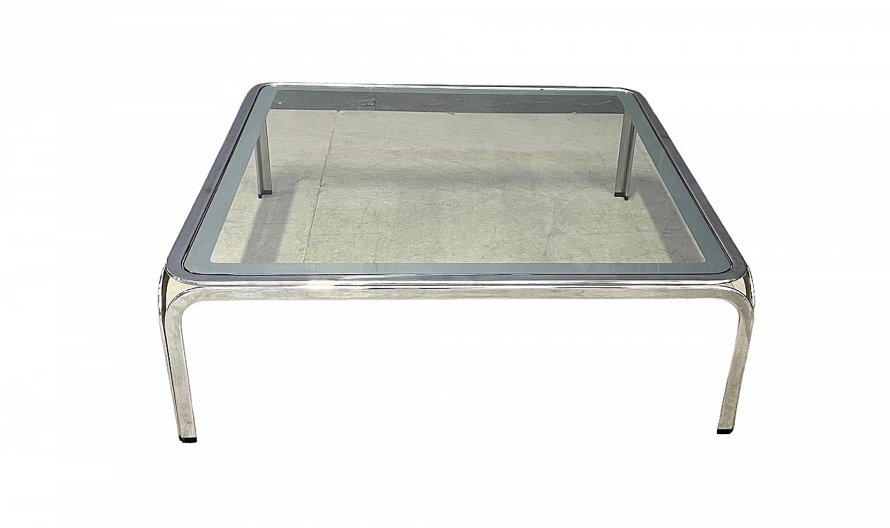 Square chromed metal coffee table with glass top, 1970s 2