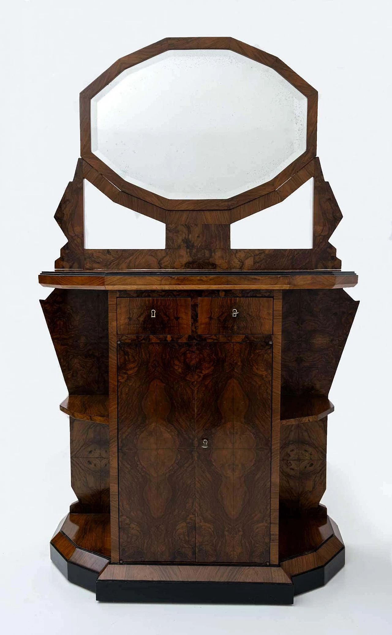 Walnut-root Art Deco sideboard with dodecagonal-framed mirror, early 20th century 1