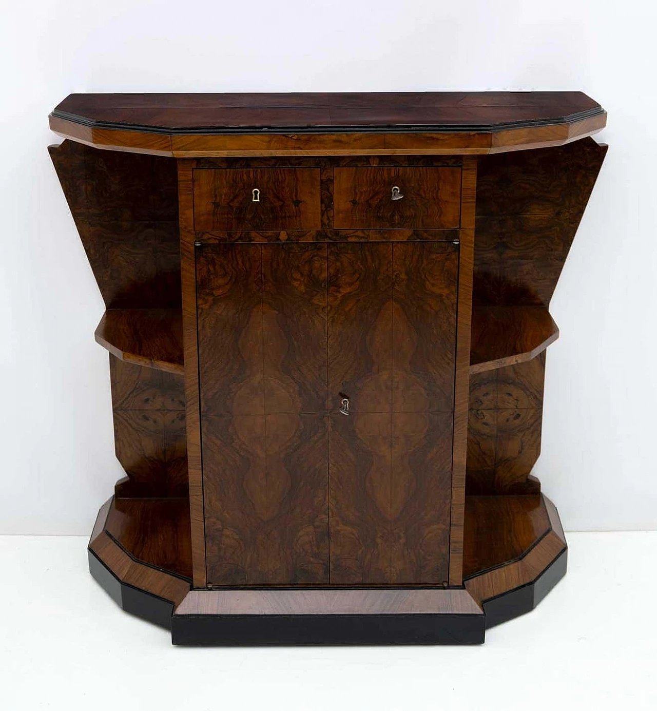 Walnut-root Art Deco sideboard with dodecagonal-framed mirror, early 20th century 2