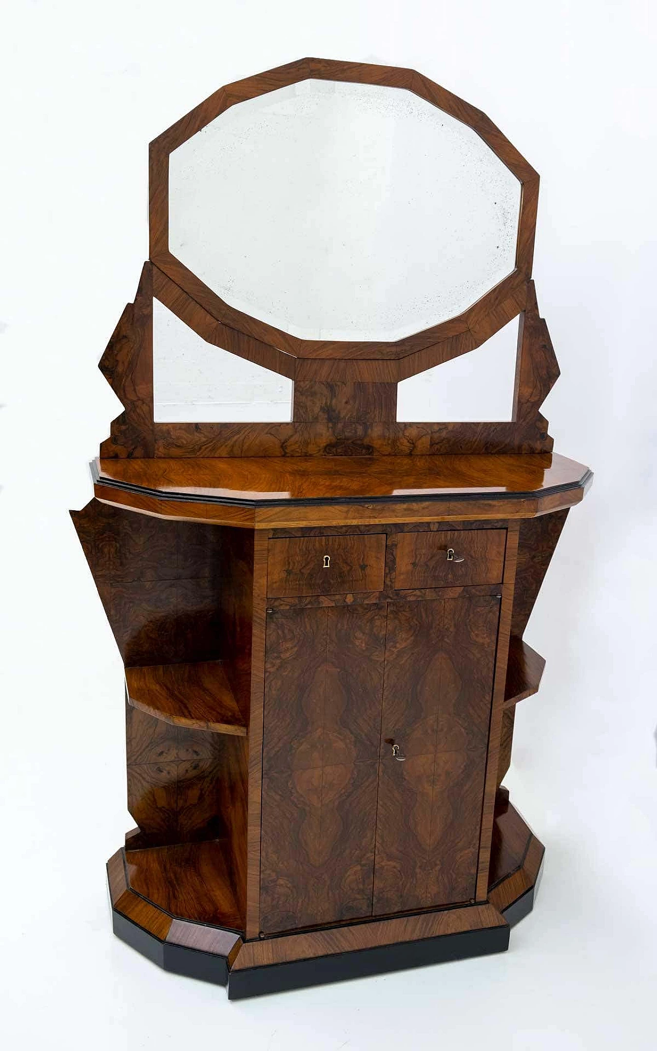 Walnut-root Art Deco sideboard with dodecagonal-framed mirror, early 20th century 3