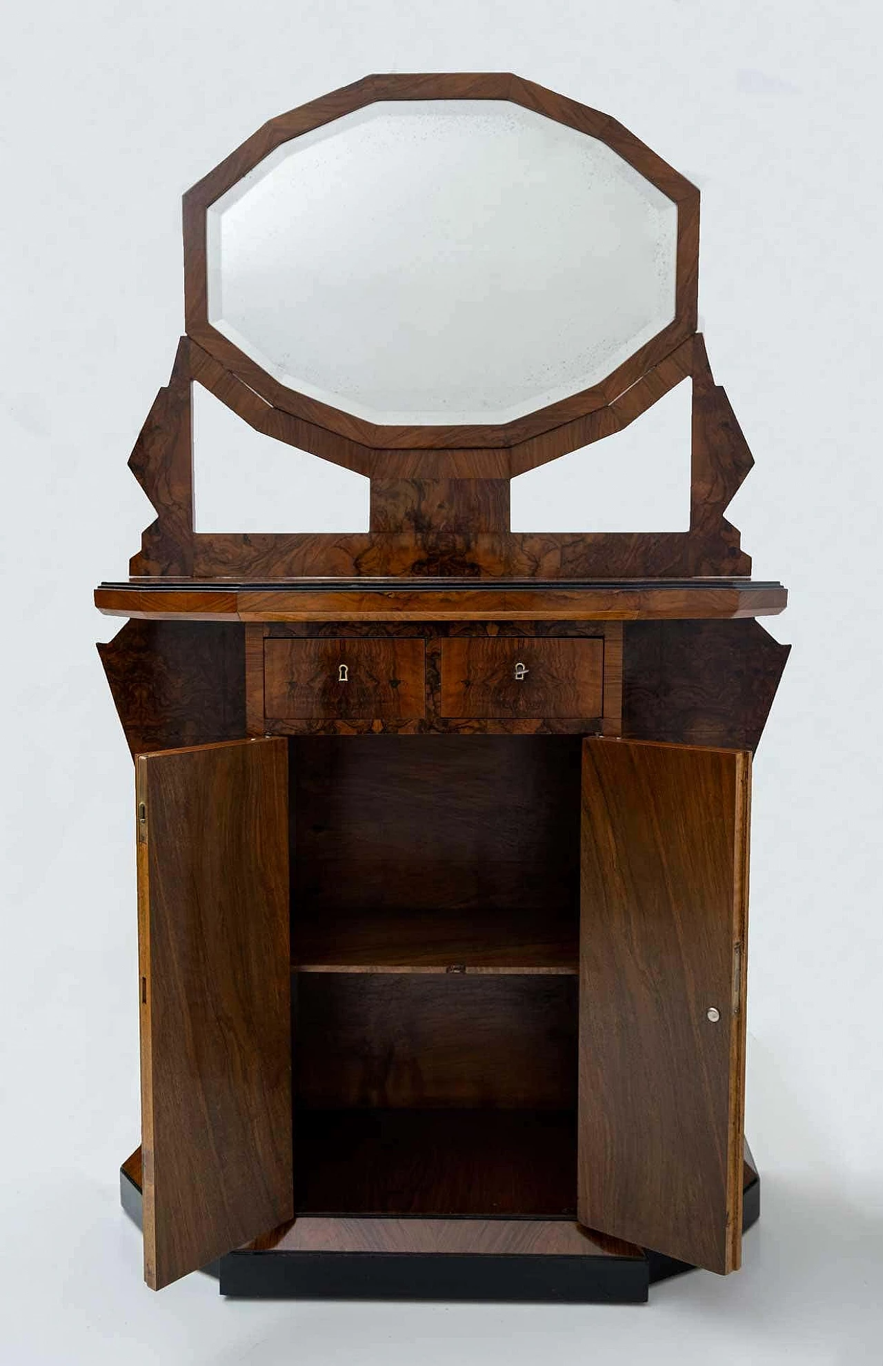 Walnut-root Art Deco sideboard with dodecagonal-framed mirror, early 20th century 4