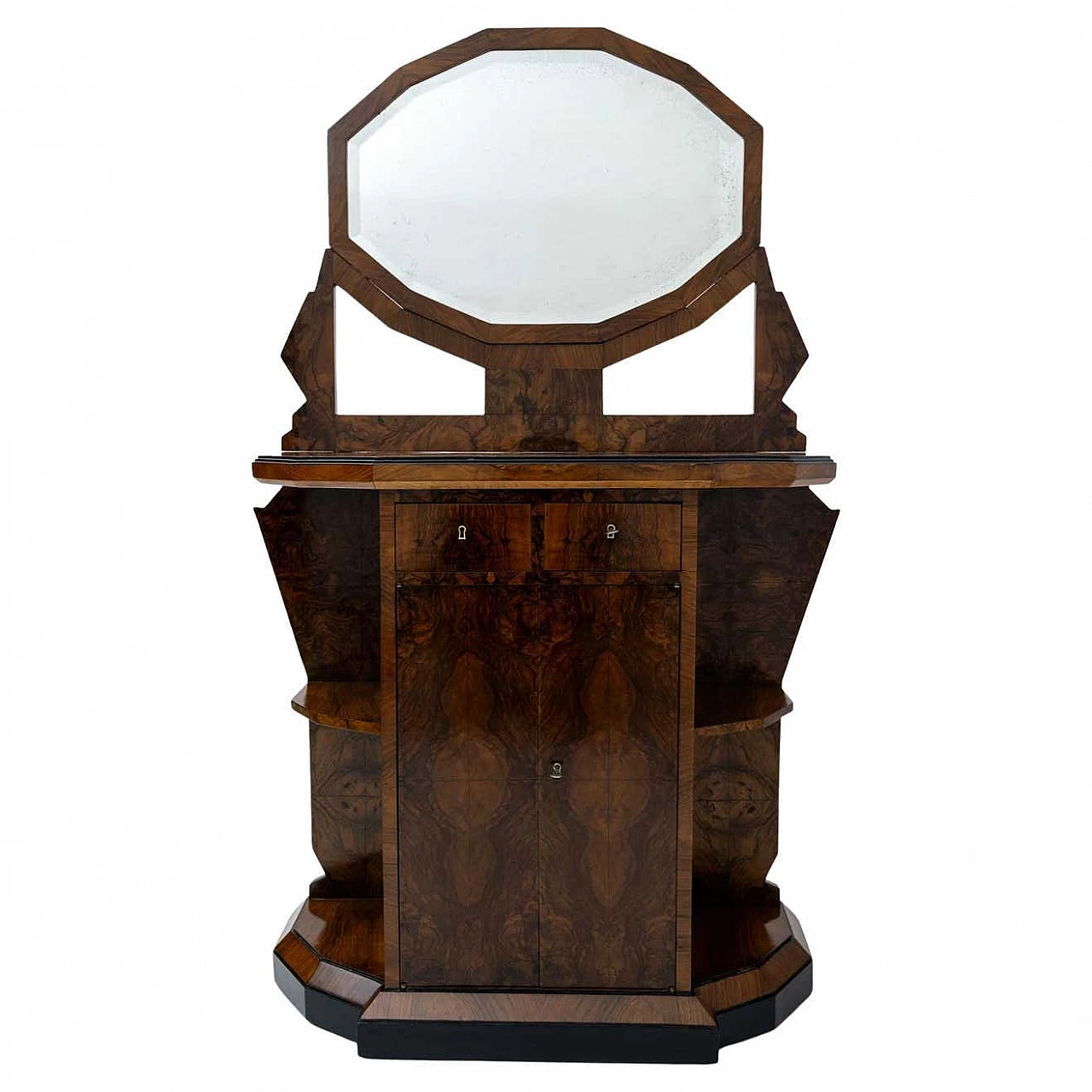 Walnut-root Art Deco sideboard with dodecagonal-framed mirror, early 20th century 11