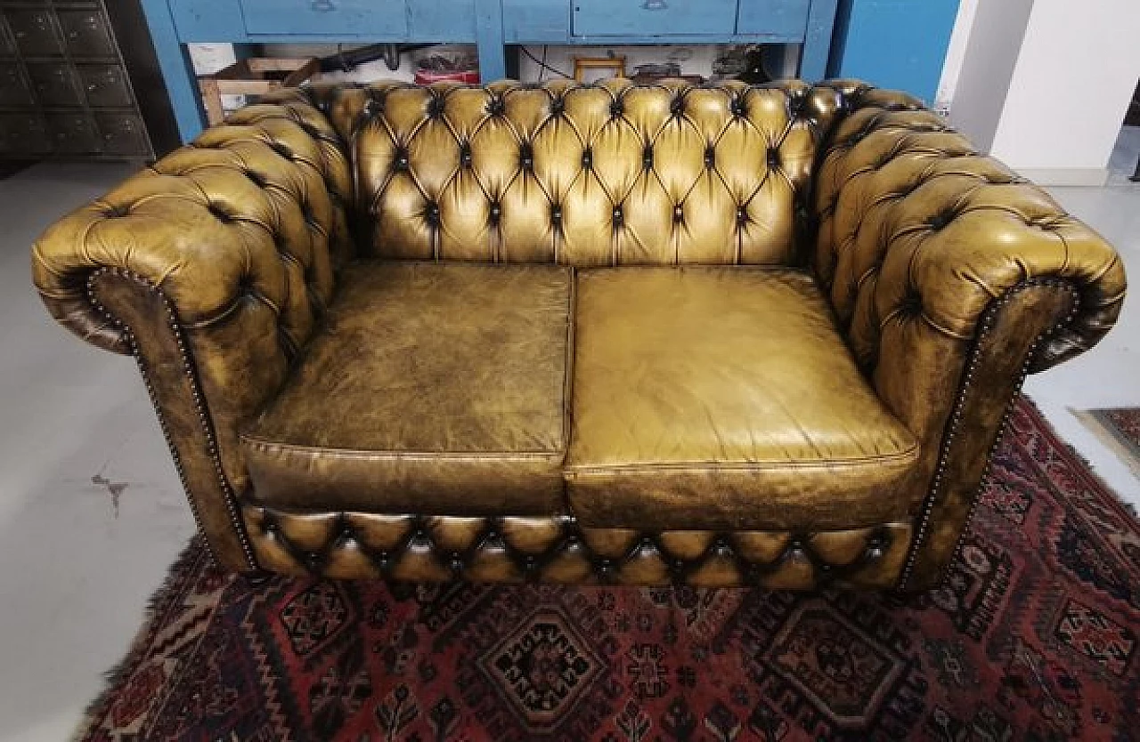 Chesterfield two-seater oak and leather sofa, 1950s 1