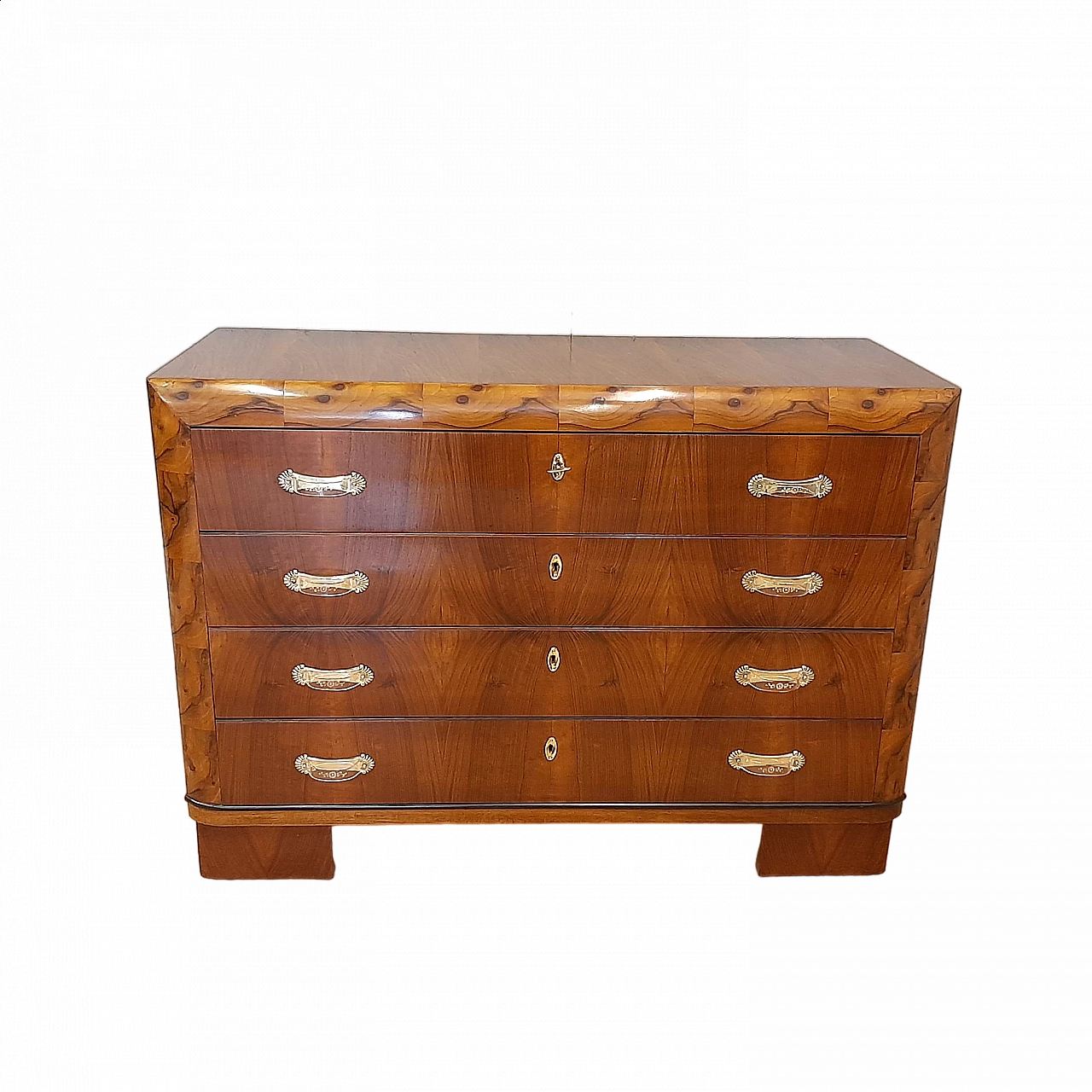 Art Deco walnut dresser with briarwood edges and brass handles, 1930s 11