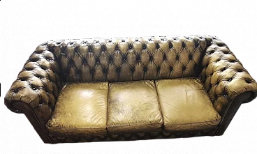 Chesterfield three-seater oak and leather sofa, 1940s