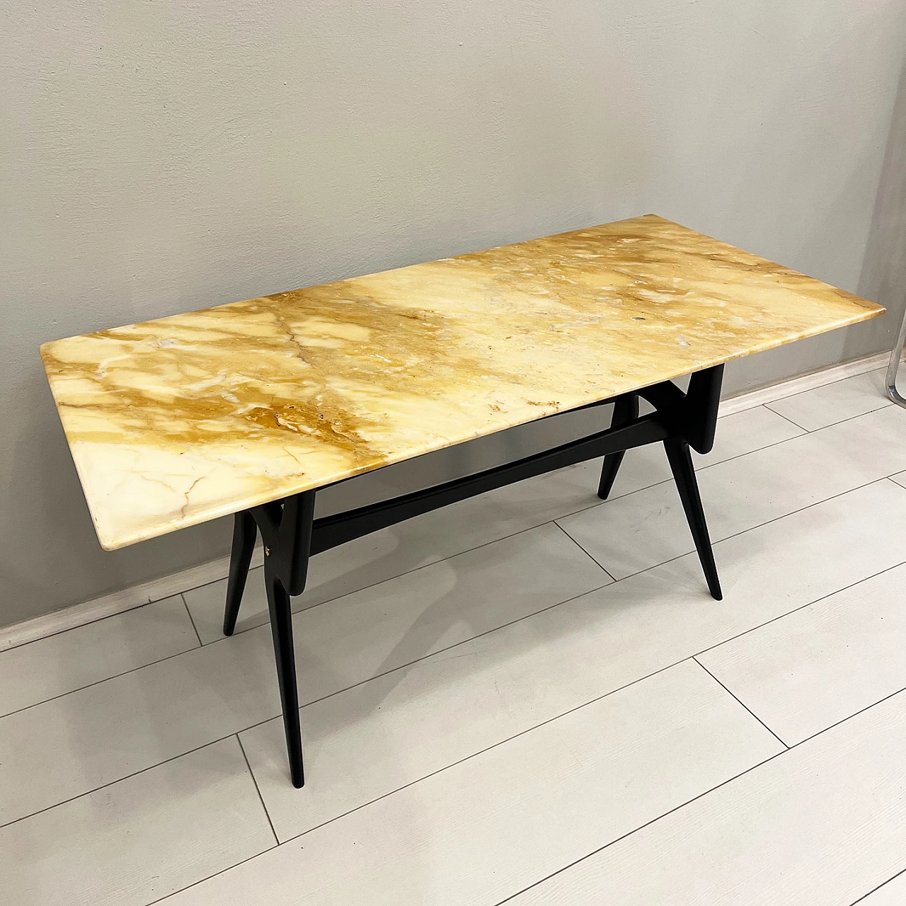 Coffee table with marble top and wooden legs, 1950s 1