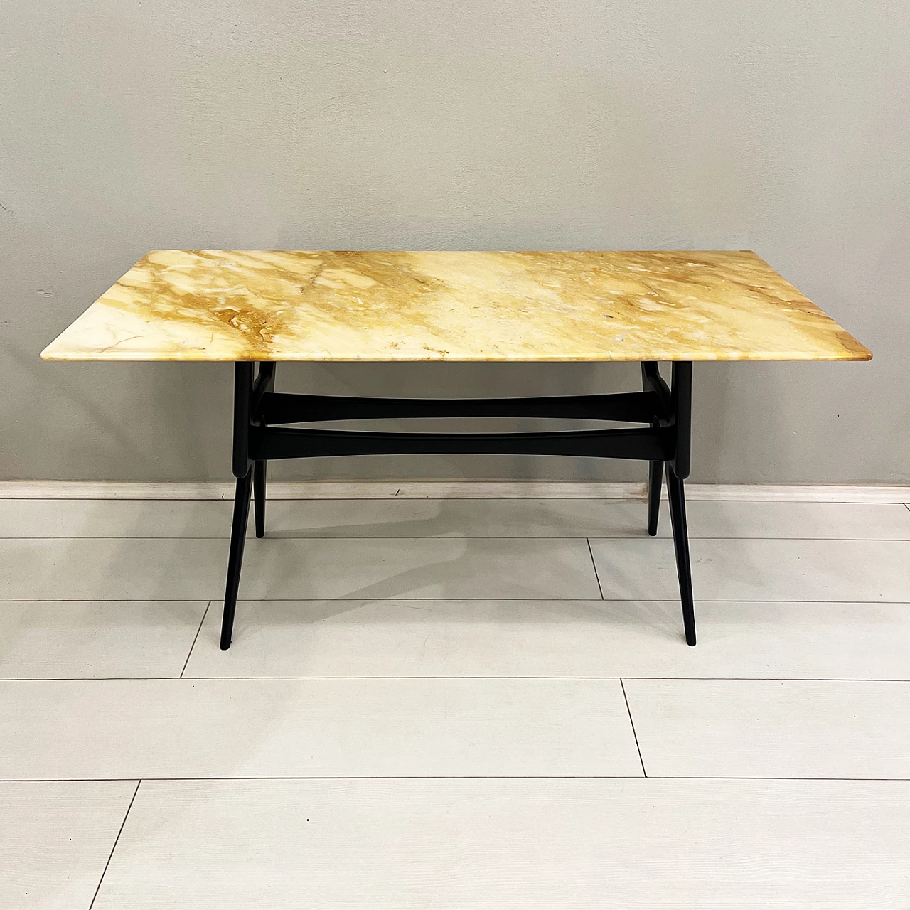 Coffee table with marble top and wooden legs, 1950s 2