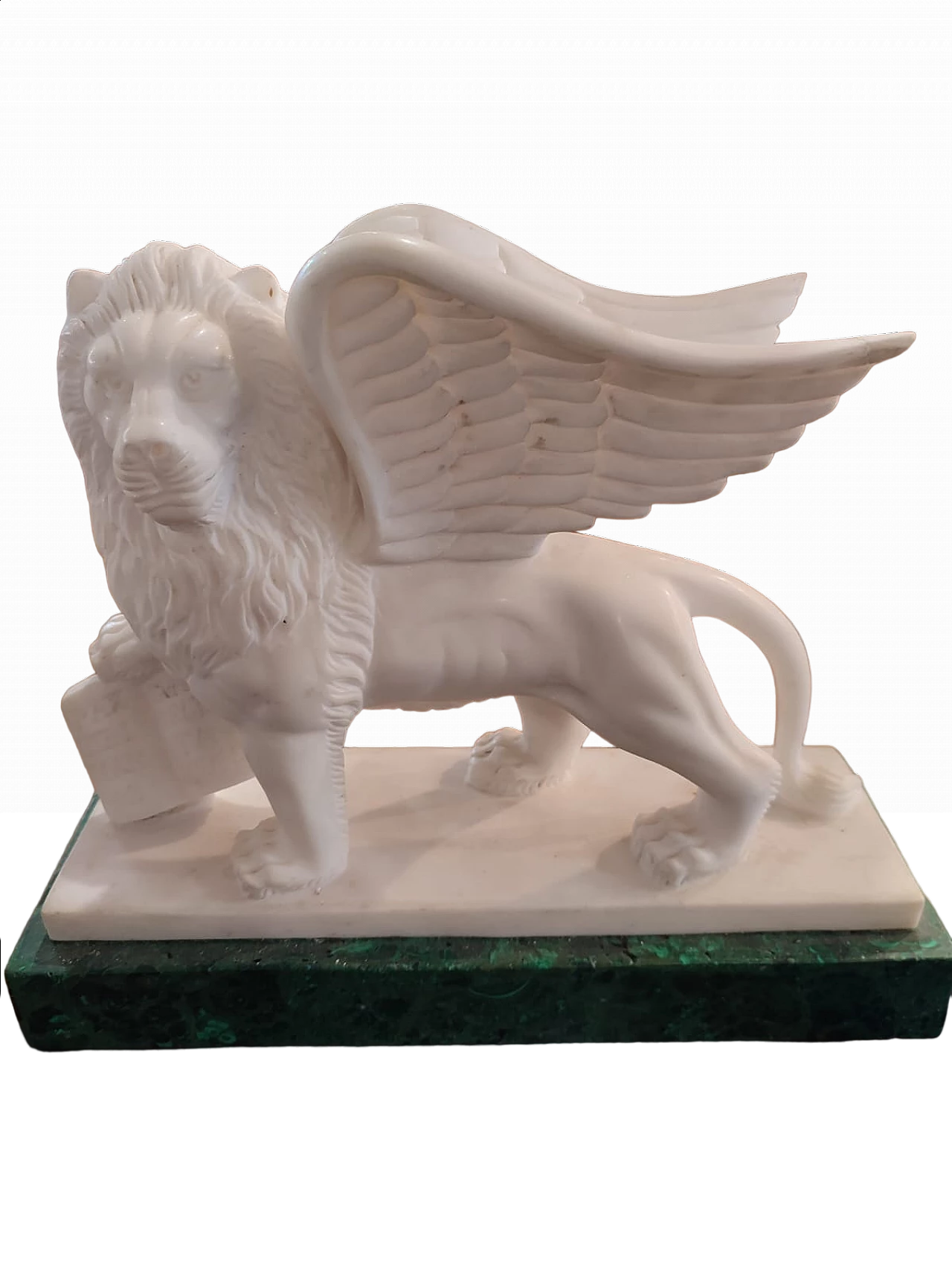 White marble lion sculpture with malachite green marble base, 1960s 5