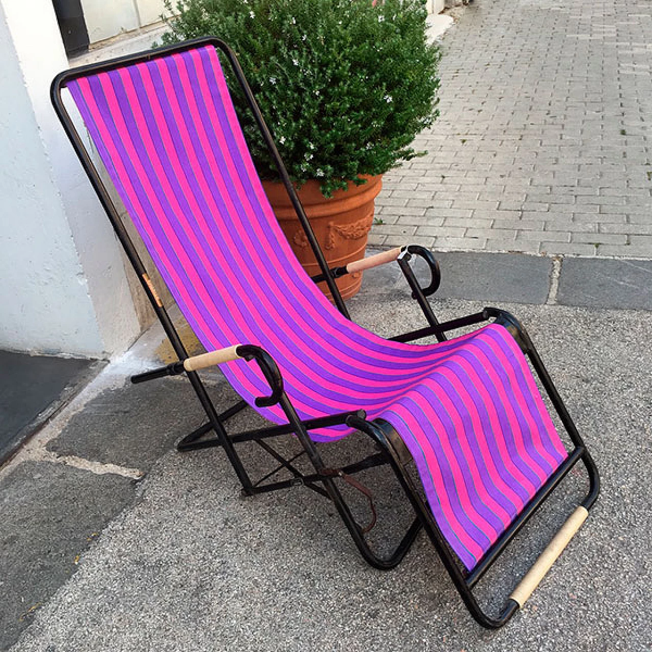 Black iron and canvas folding deckchair for Plianfer, 1950s 2