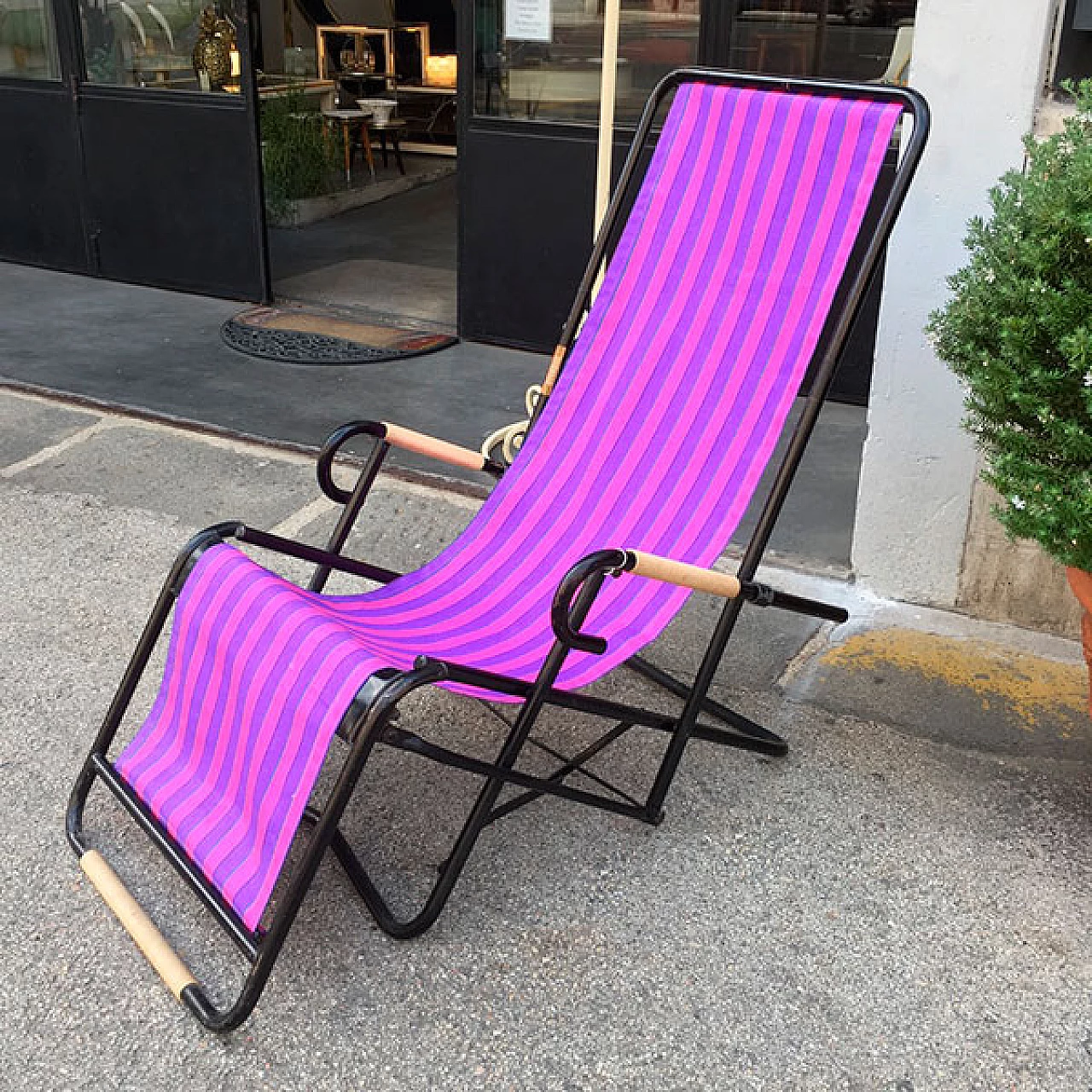 Black iron and canvas folding deckchair for Plianfer, 1950s 3