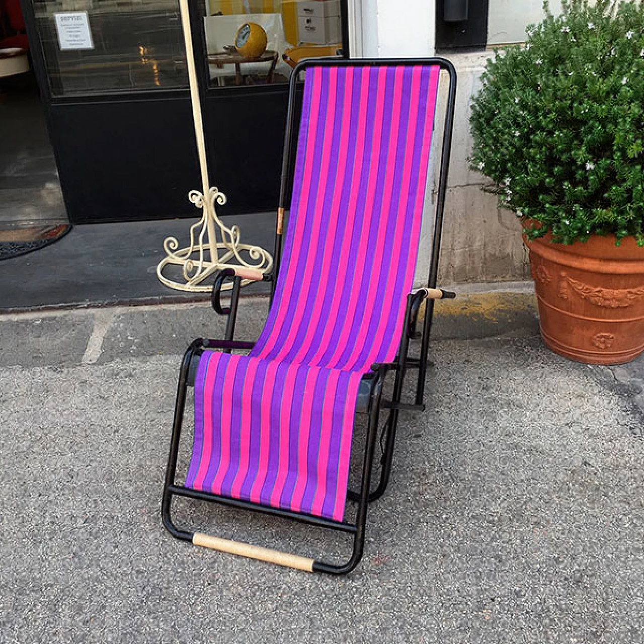 Black iron and canvas folding deckchair for Plianfer, 1950s 6