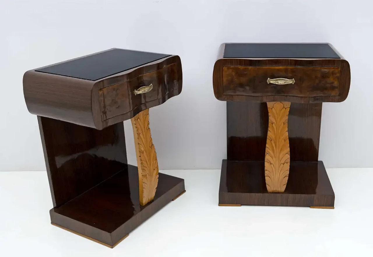 Pair of walnut briar and maple bedside tables, 1920s 3