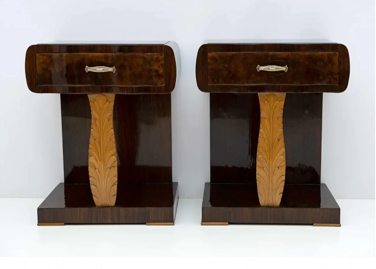 Pair of walnut briar and maple bedside tables, 1920s 4