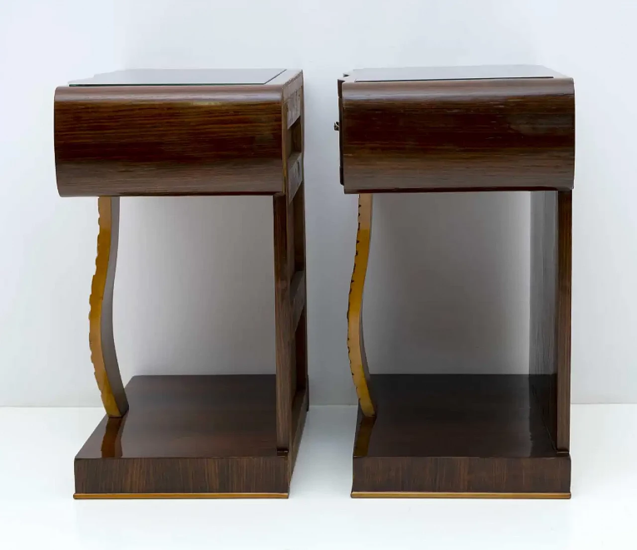 Pair of walnut briar and maple bedside tables, 1920s 5