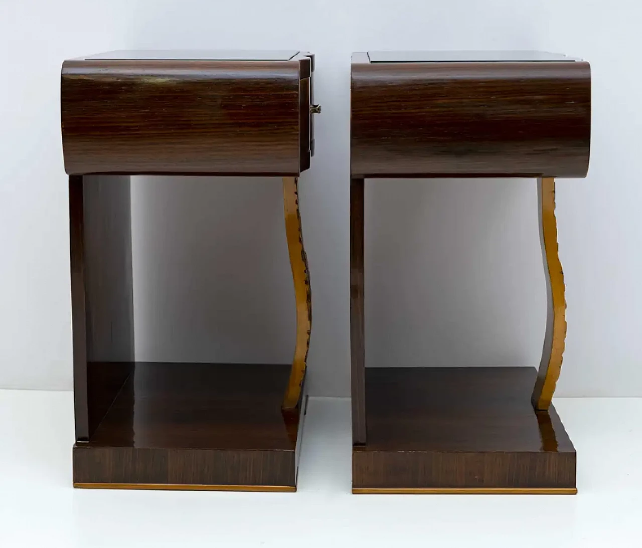 Pair of walnut briar and maple bedside tables, 1920s 6