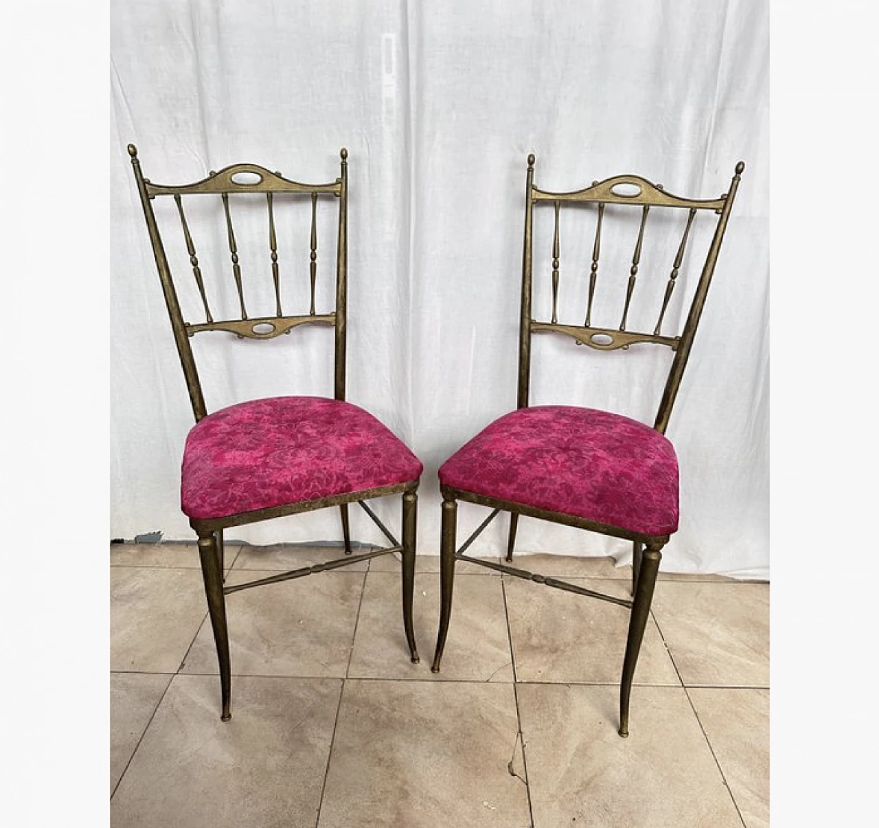 Pair of Chiavari chairs in brass and fabric, 1950s 1