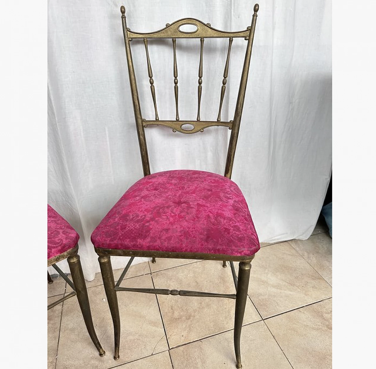 Pair of Chiavari chairs in brass and fabric, 1950s 2