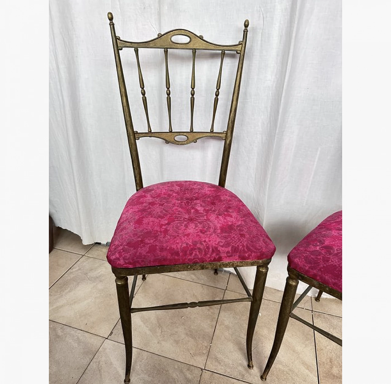 Pair of Chiavari chairs in brass and fabric, 1950s 3