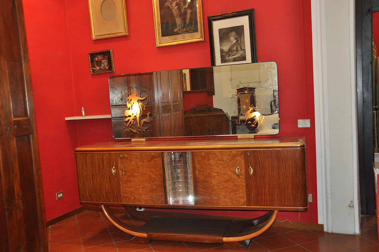 Credenza Art Déco in legno con specchio luminoso, anni '40 1