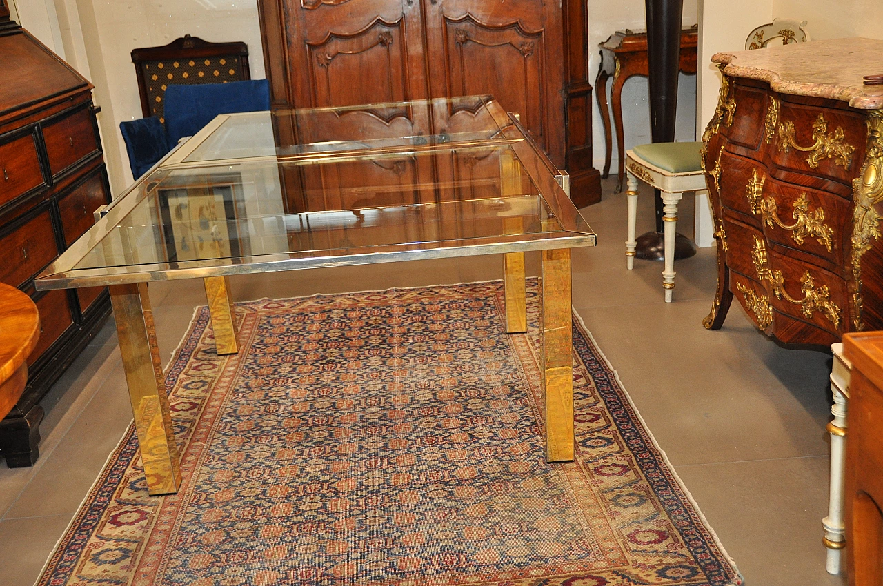 Steel and brass extendable table with glass top, 1980s 1