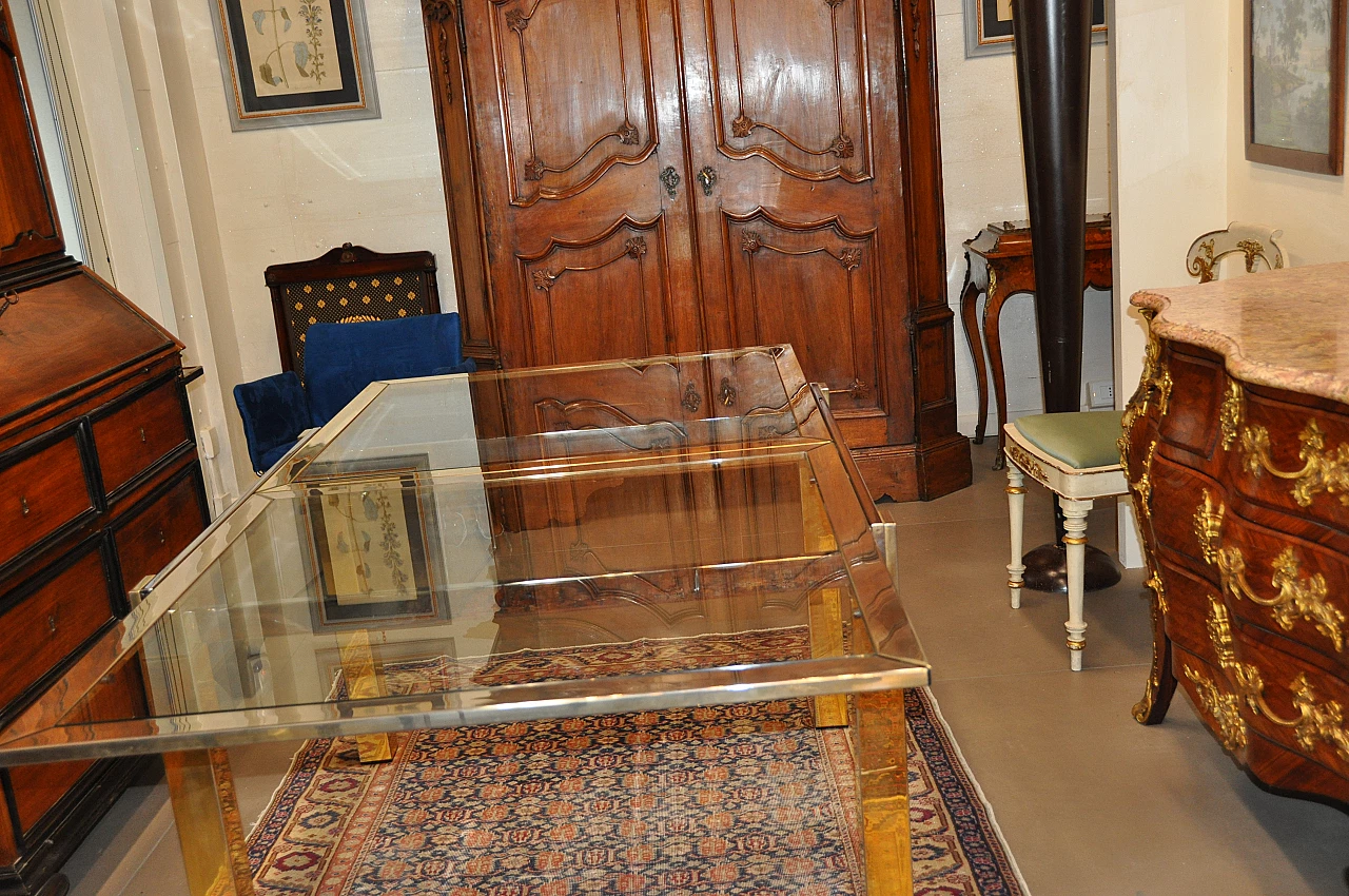 Steel and brass extendable table with glass top, 1980s 2