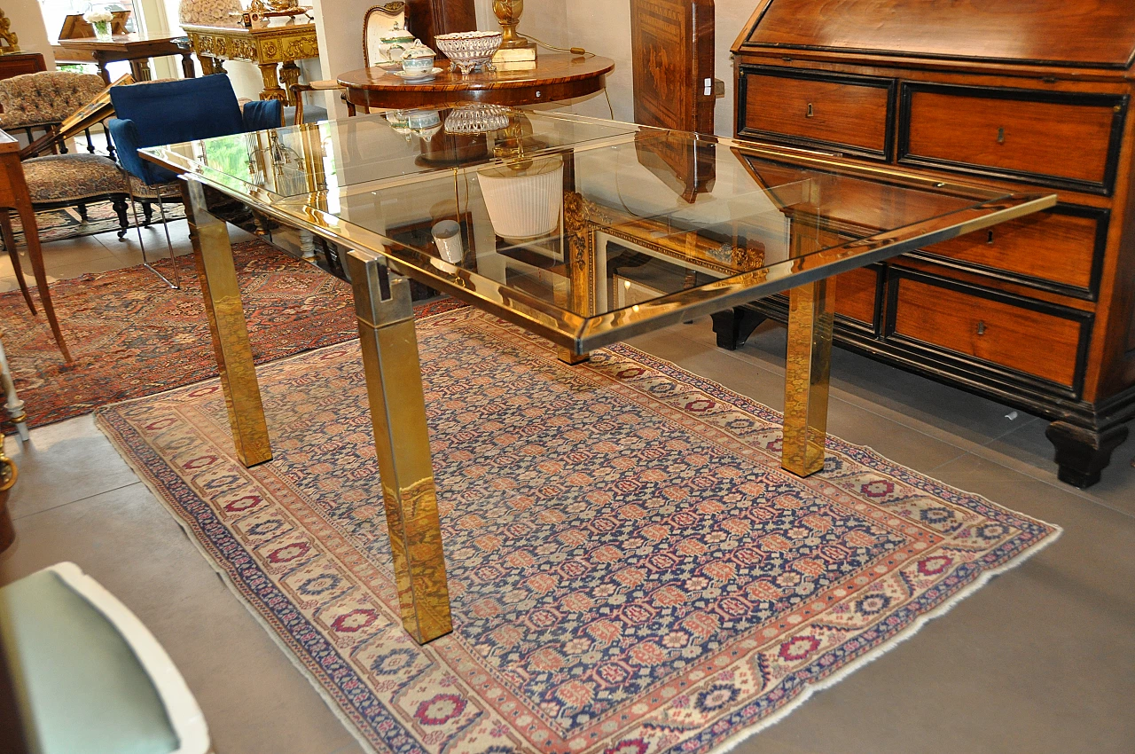 Steel and brass extendable table with glass top, 1980s 3