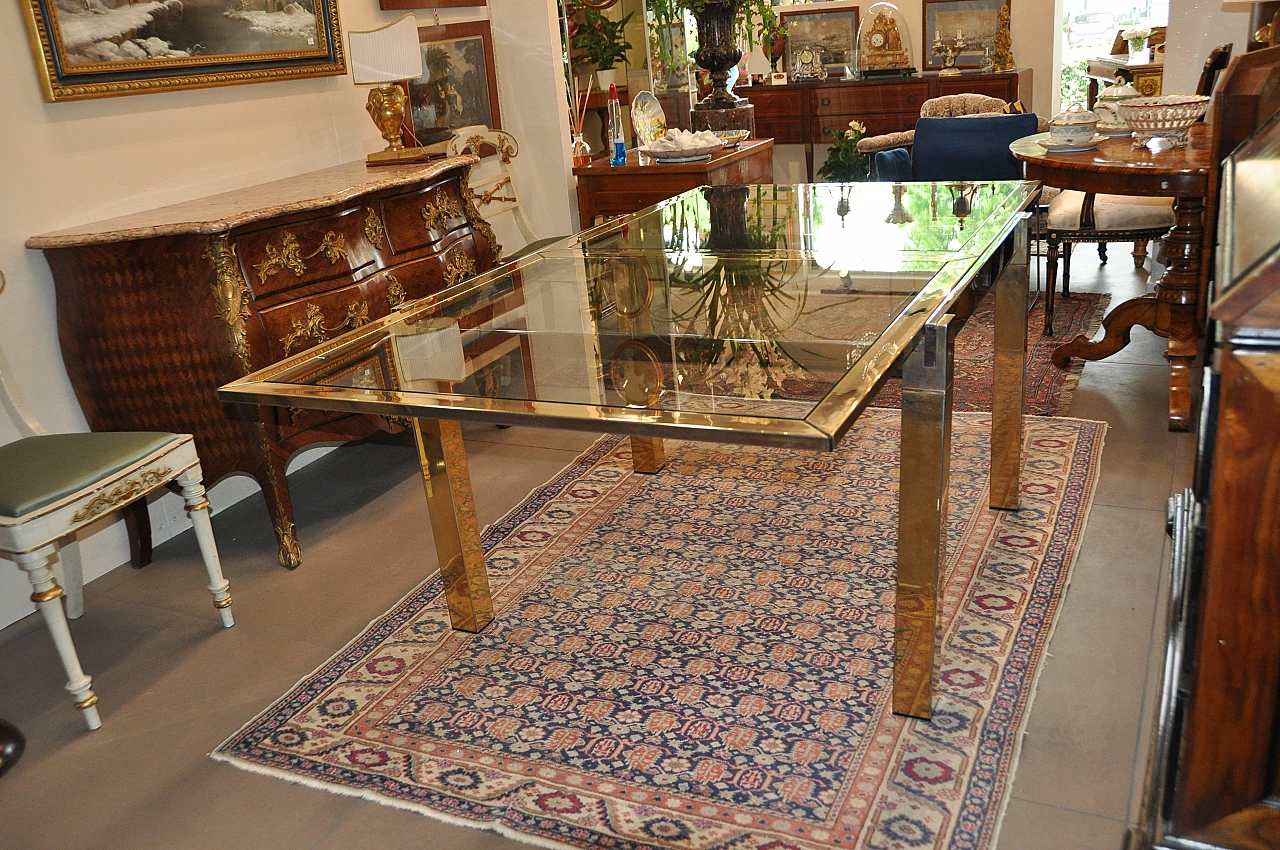 Steel and brass extendable table with glass top, 1980s 4