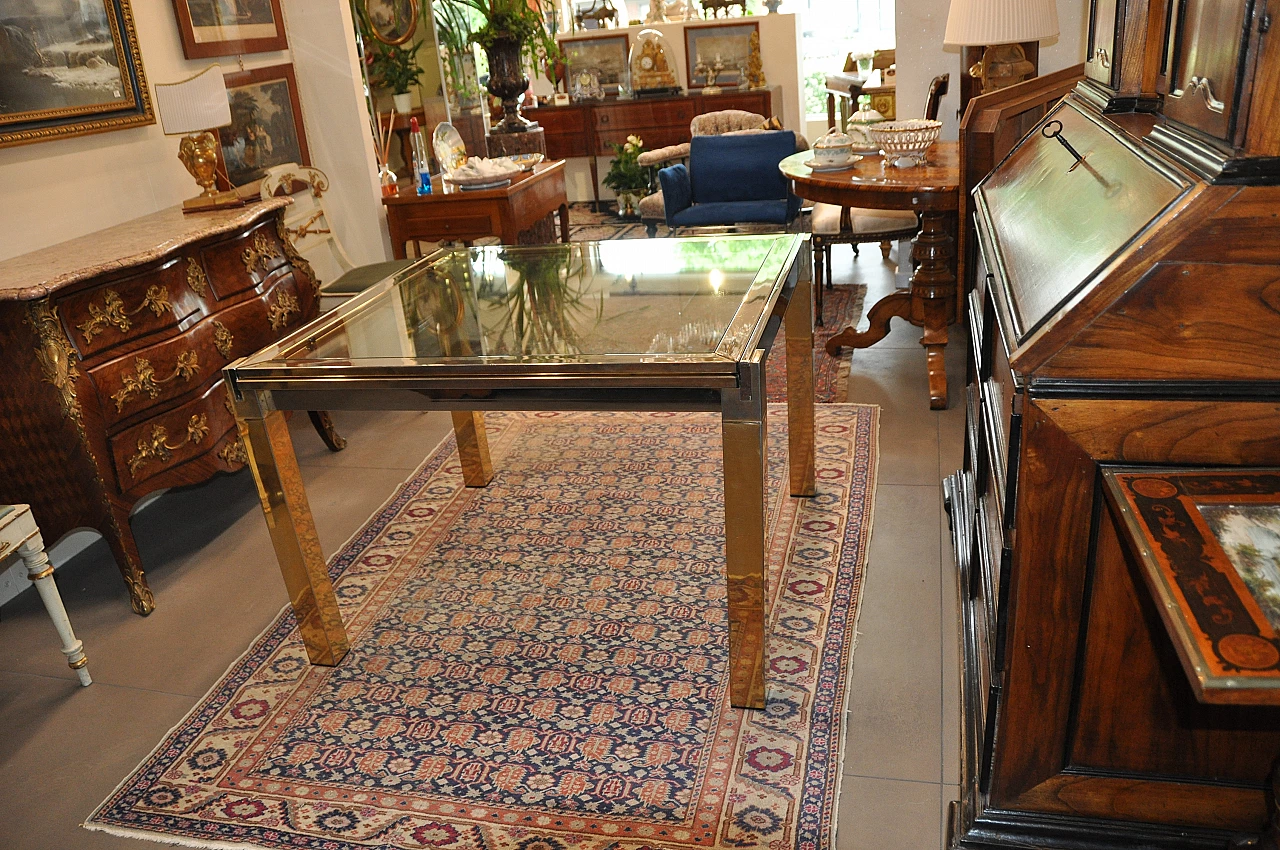 Steel and brass extendable table with glass top, 1980s 5