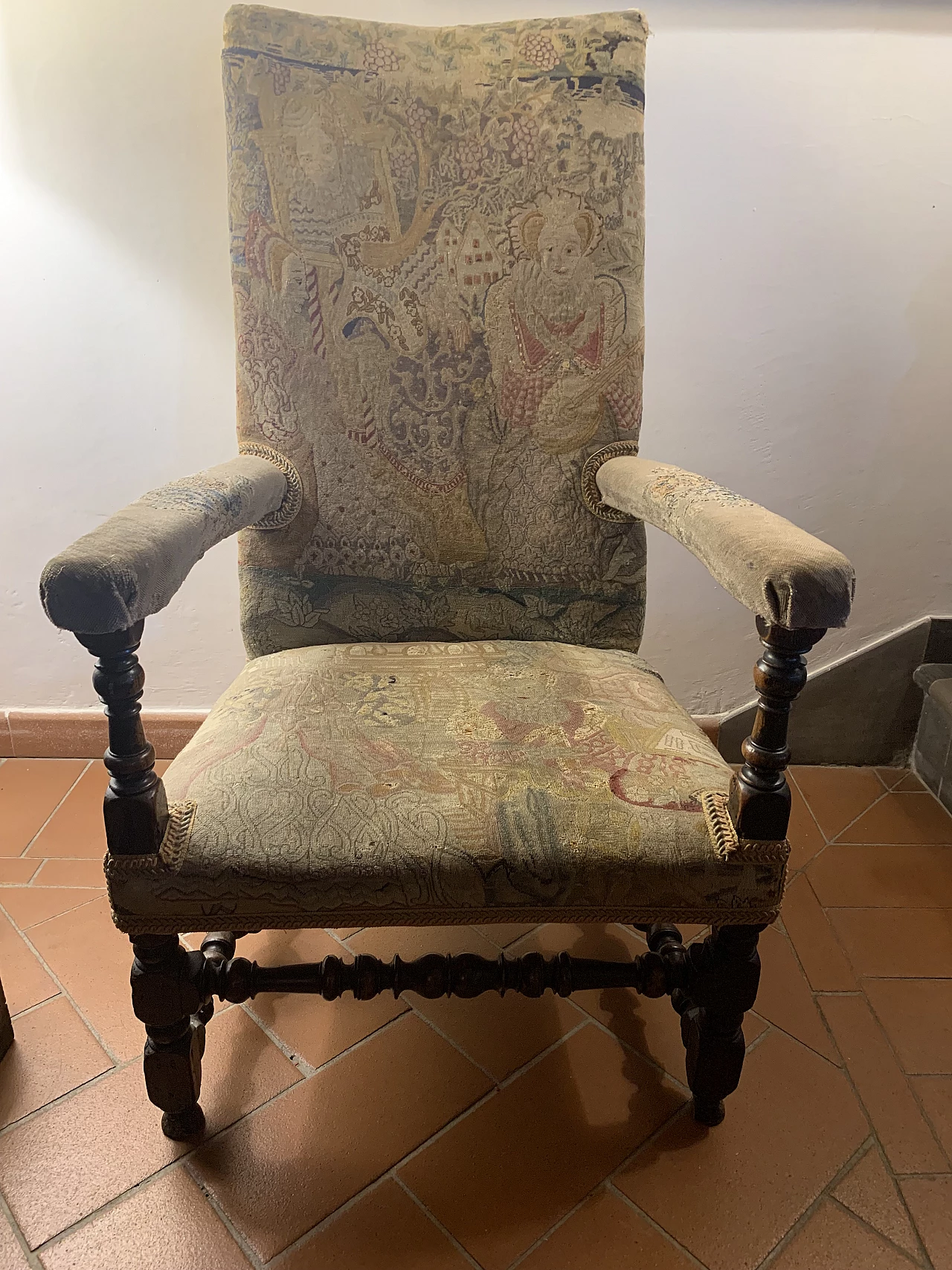 French walnut and patterned fabric armchair, 17th century 1