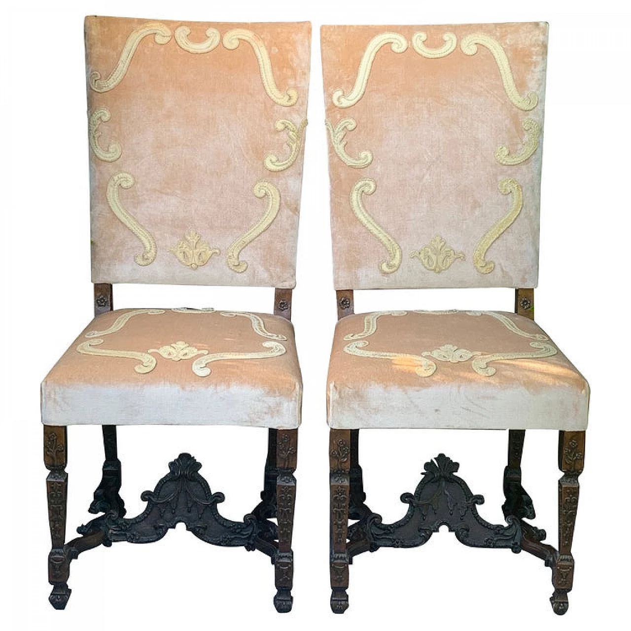 Pair of Lombard Louis XIV wood and pink velvet chairs, 18th century 13