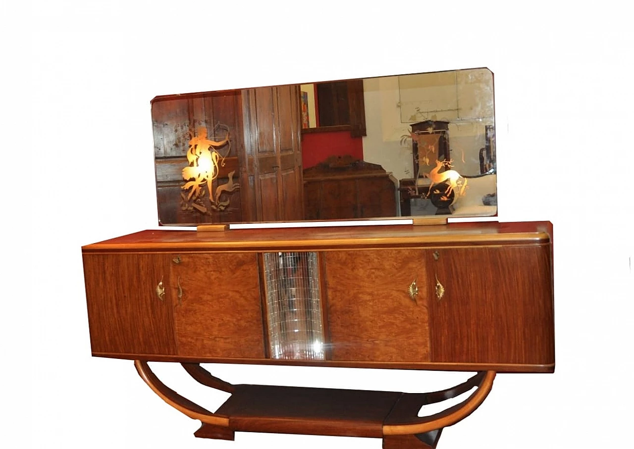 Credenza Art Déco in legno con specchio luminoso, anni '40 6