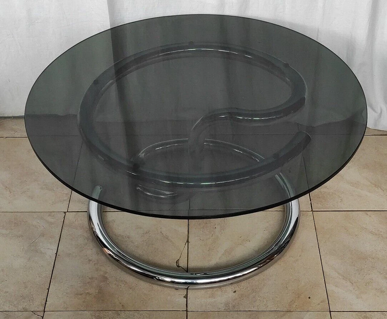 Cobra coffee table in chrome-plated metal with smoked glass top, 1970s 2