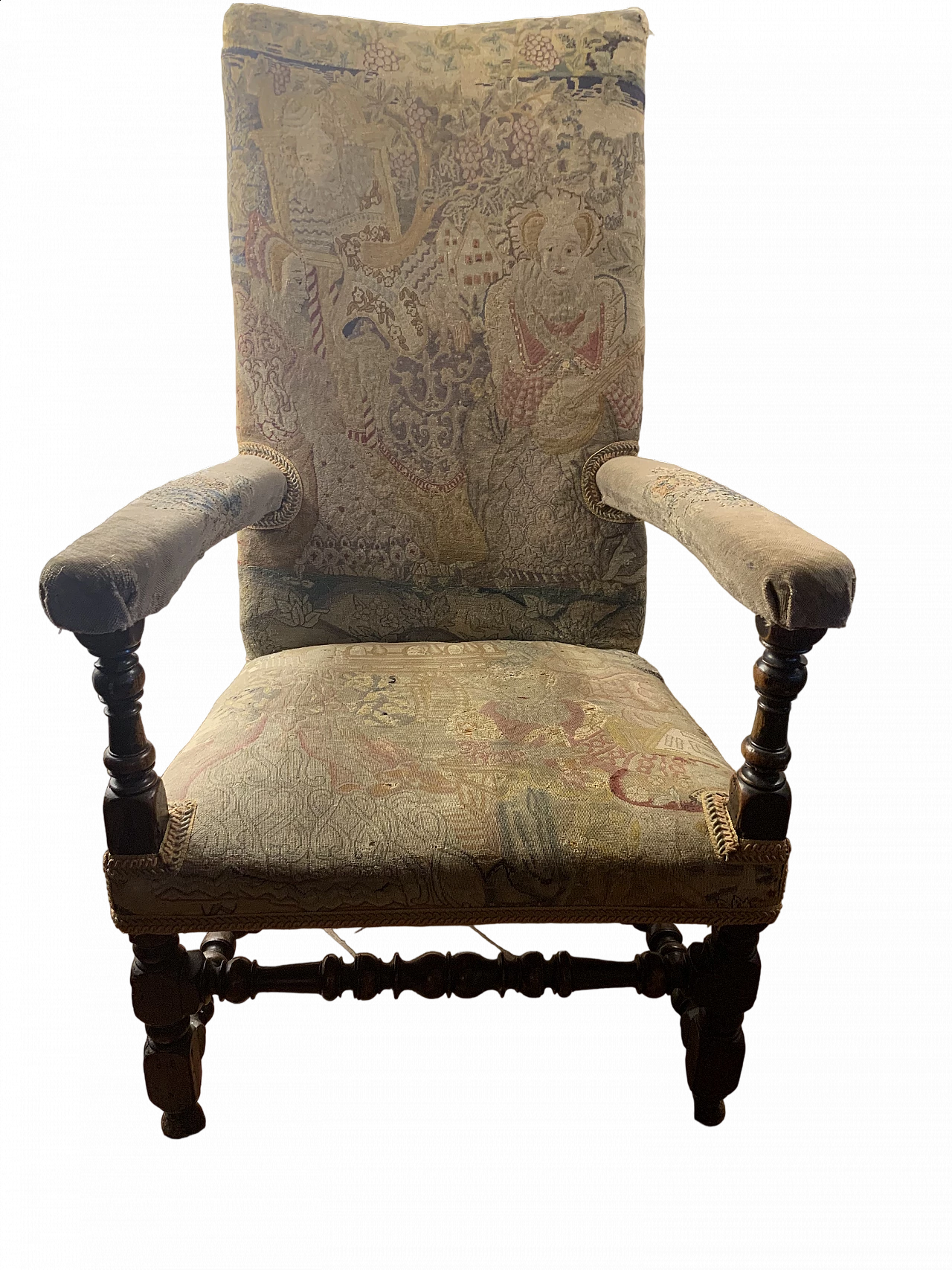 French walnut and patterned fabric armchair, 17th century 21